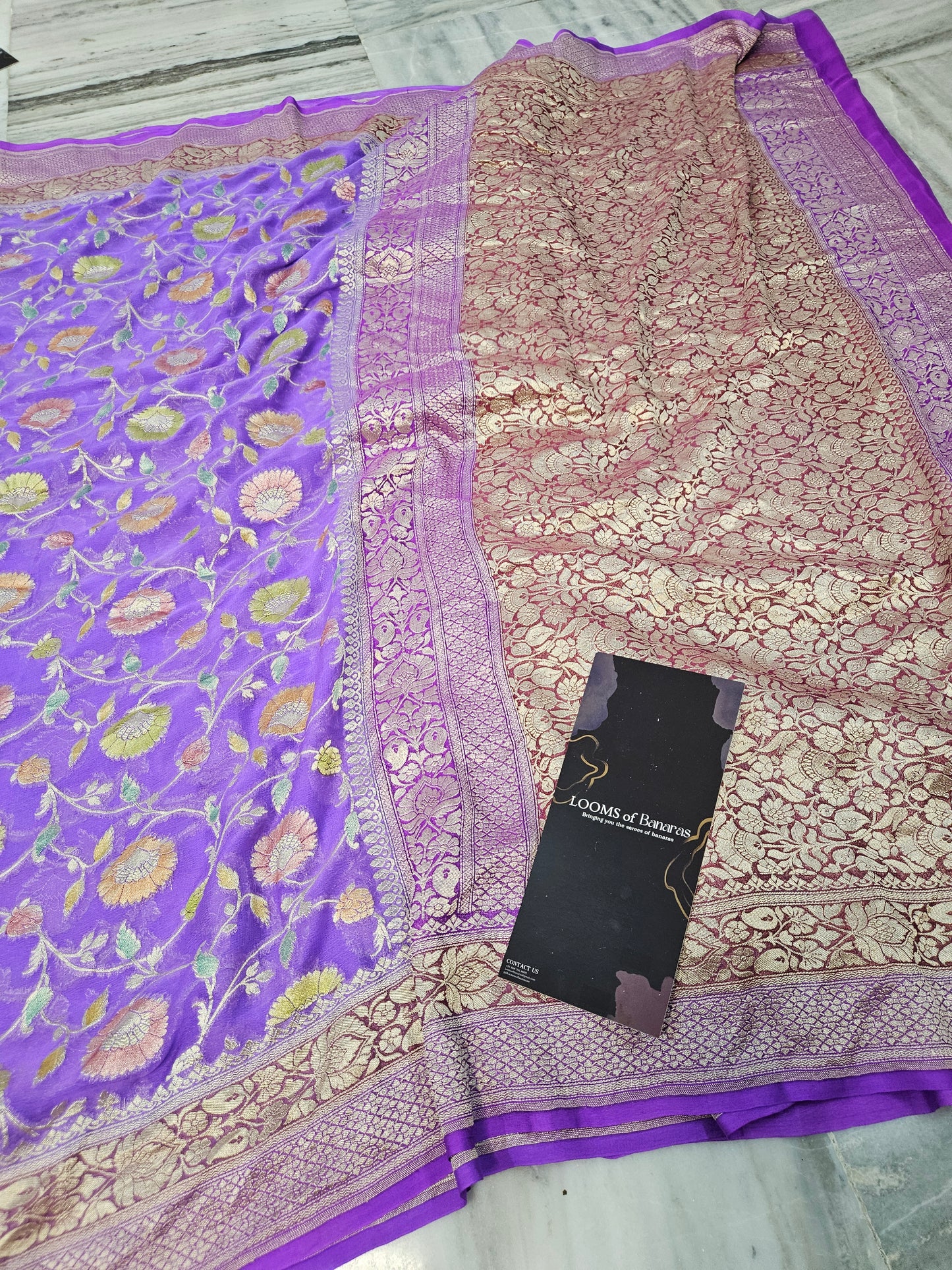 Pure Georgette Meena Hand Brush Work Banarasi Saree in Purple