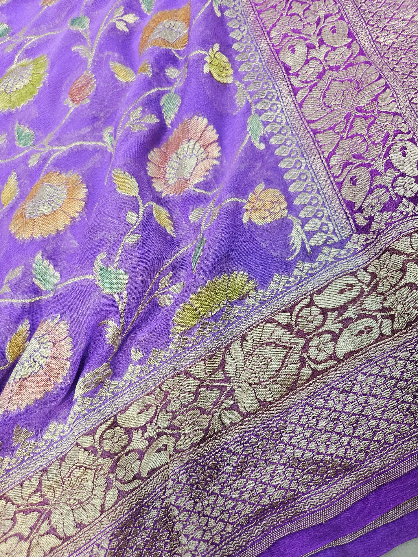 Pure Georgette Meena Hand Brush Work Banarasi Saree in Purple