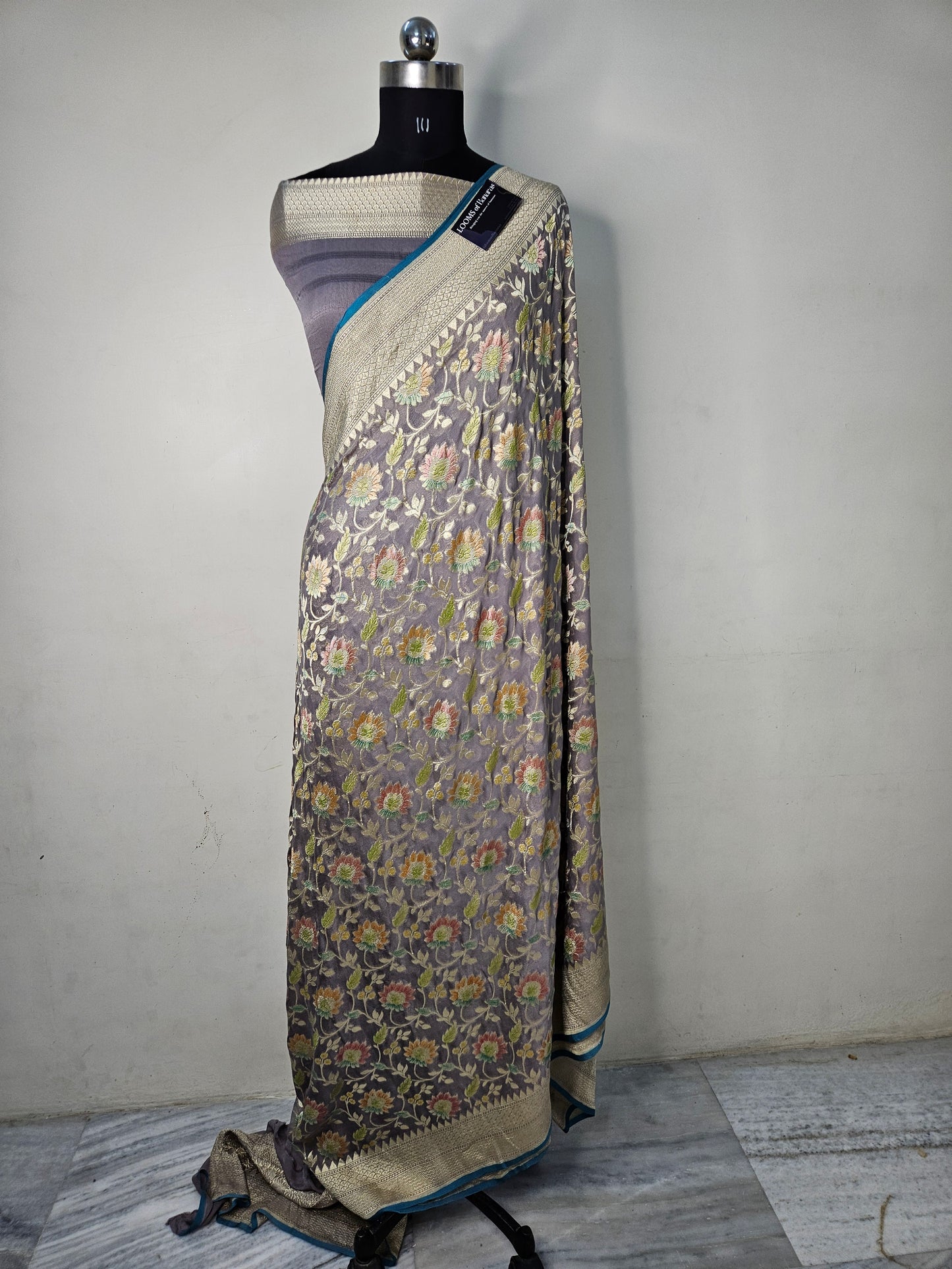 Pure Georgette Meena Hand Brush Work Banarasi Saree in Powder Grey