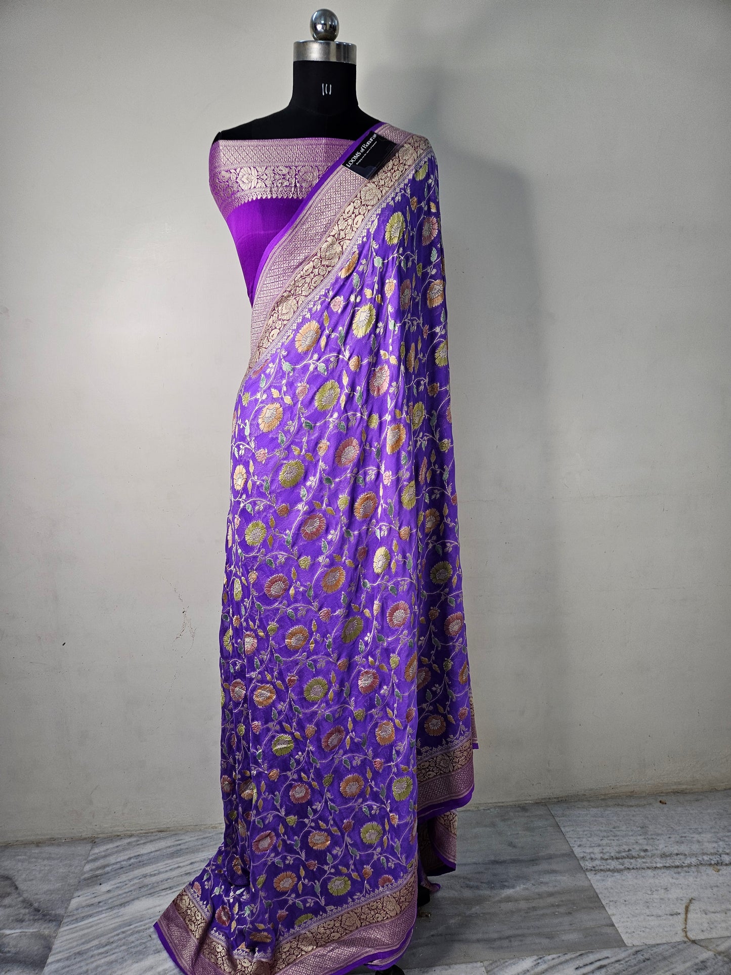 Pure Georgette Meena Hand Brush Work Banarasi Saree in Purple