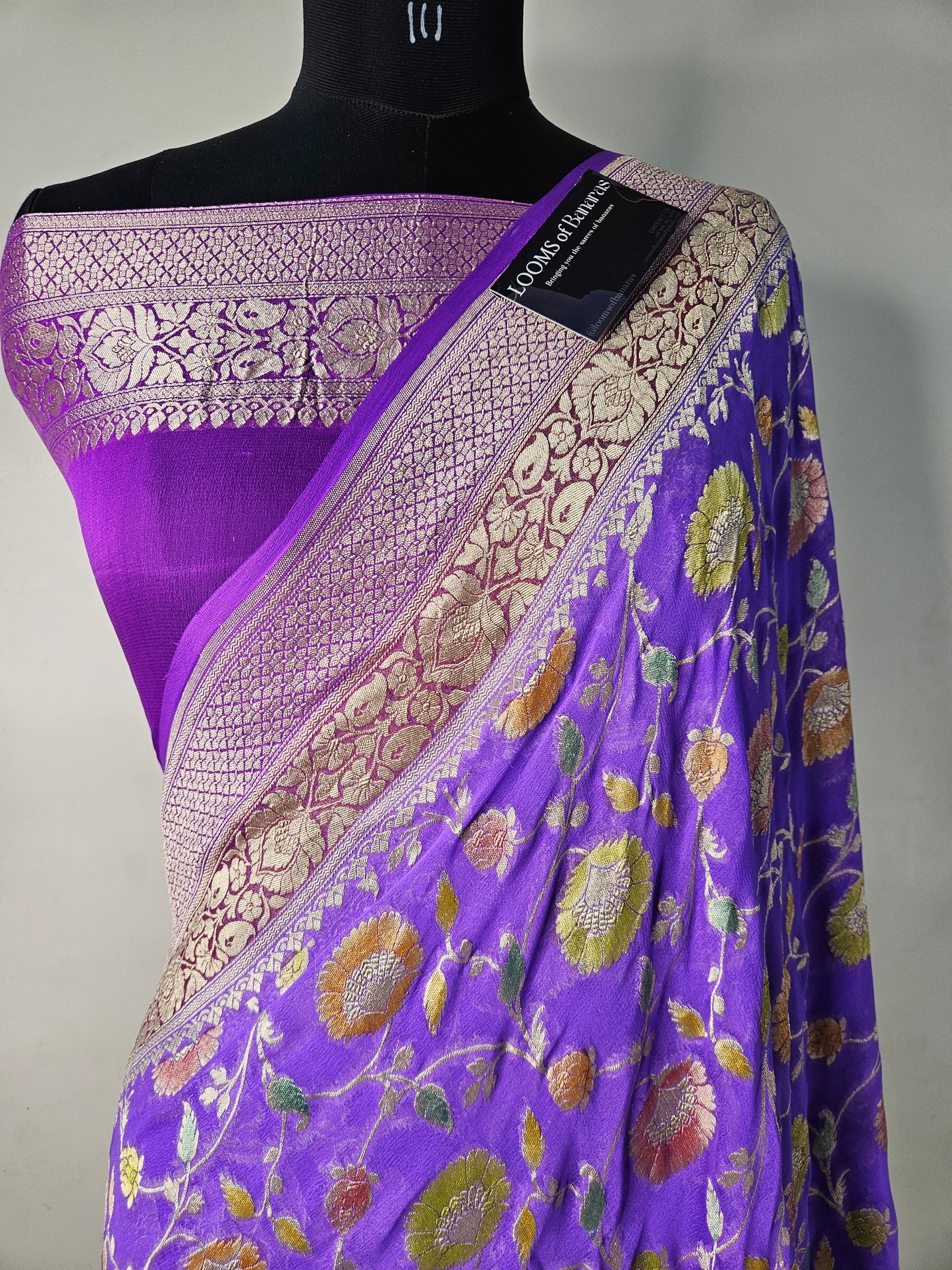 Pure Georgette Meena Hand Brush Work Banarasi Saree in Purple