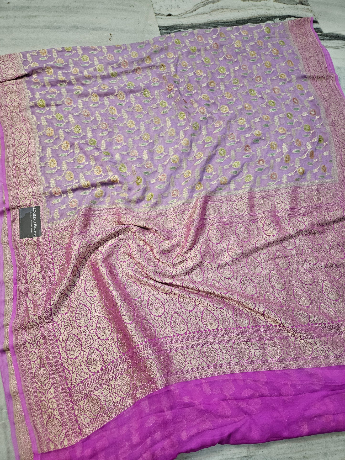 Pure Georgette Meena Hand Brush Work Banarasi Saree in Lavender