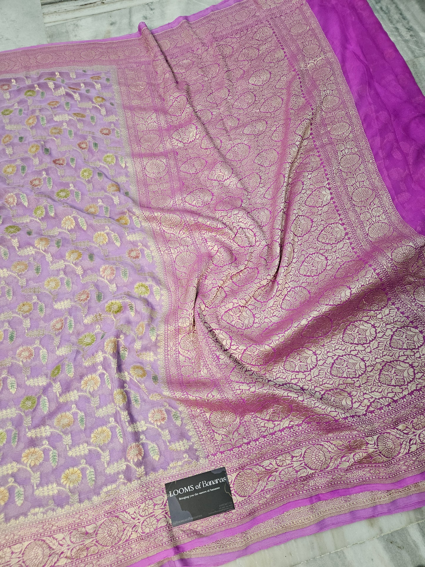 Pure Georgette Meena Hand Brush Work Banarasi Saree in Lavender