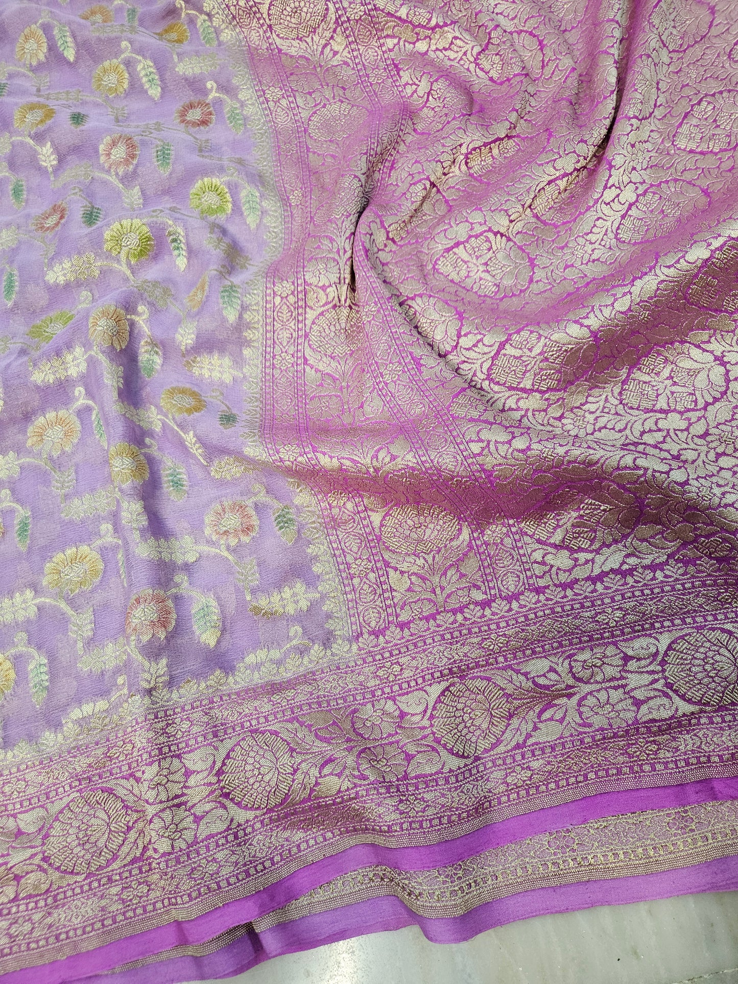 Pure Georgette Meena Hand Brush Work Banarasi Saree in Lavender