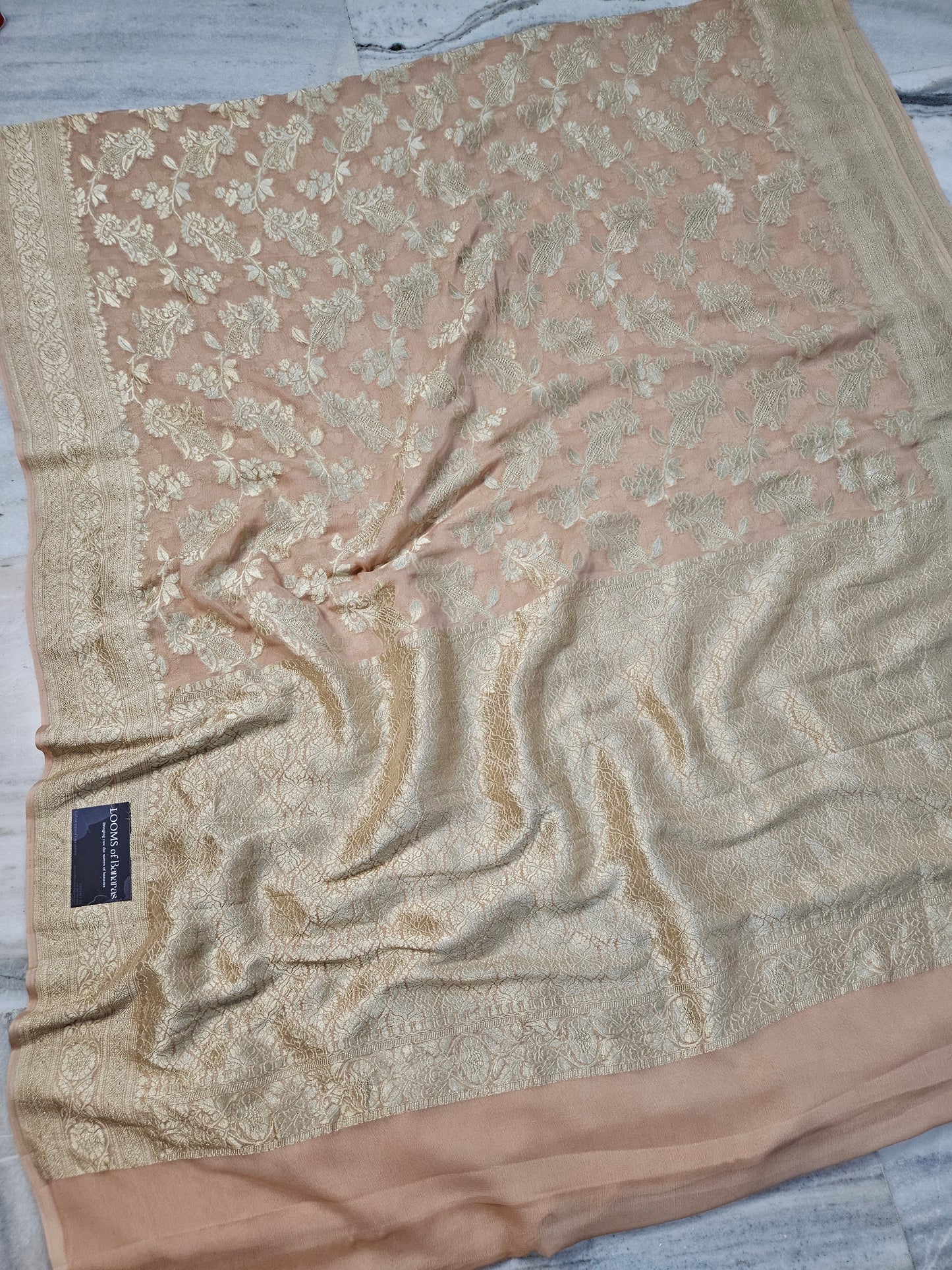 Pure Georgette Banarasi Saree weaving faux jaal watergold zari in Biskooti