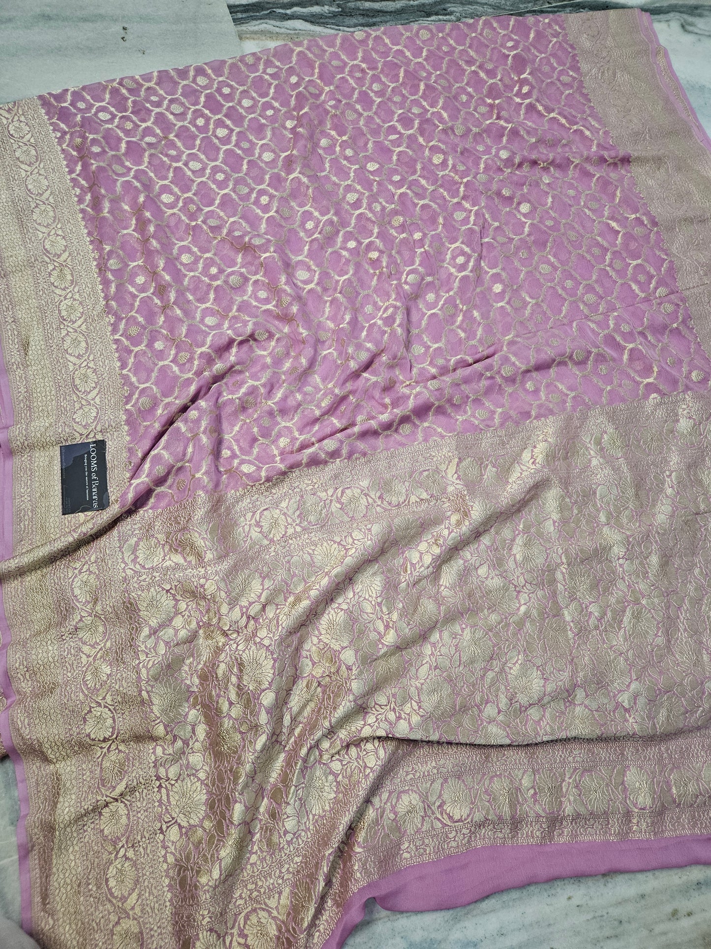 Pure Georgette Banarasi Saree weaving faux jaal watergold zari in Dusty Pink