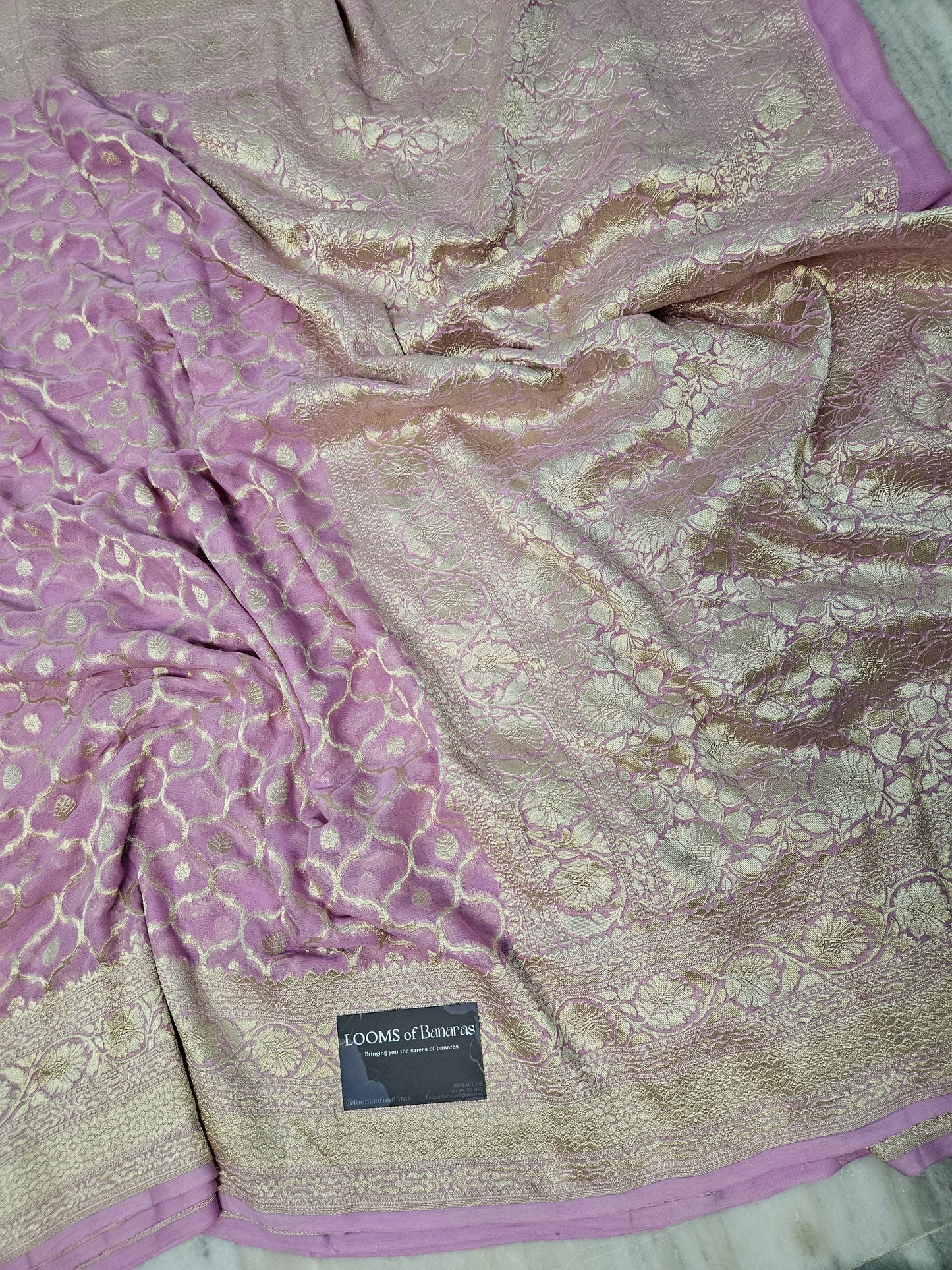 Pure Georgette Banarasi Saree weaving faux jaal watergold zari in Dusty Pink