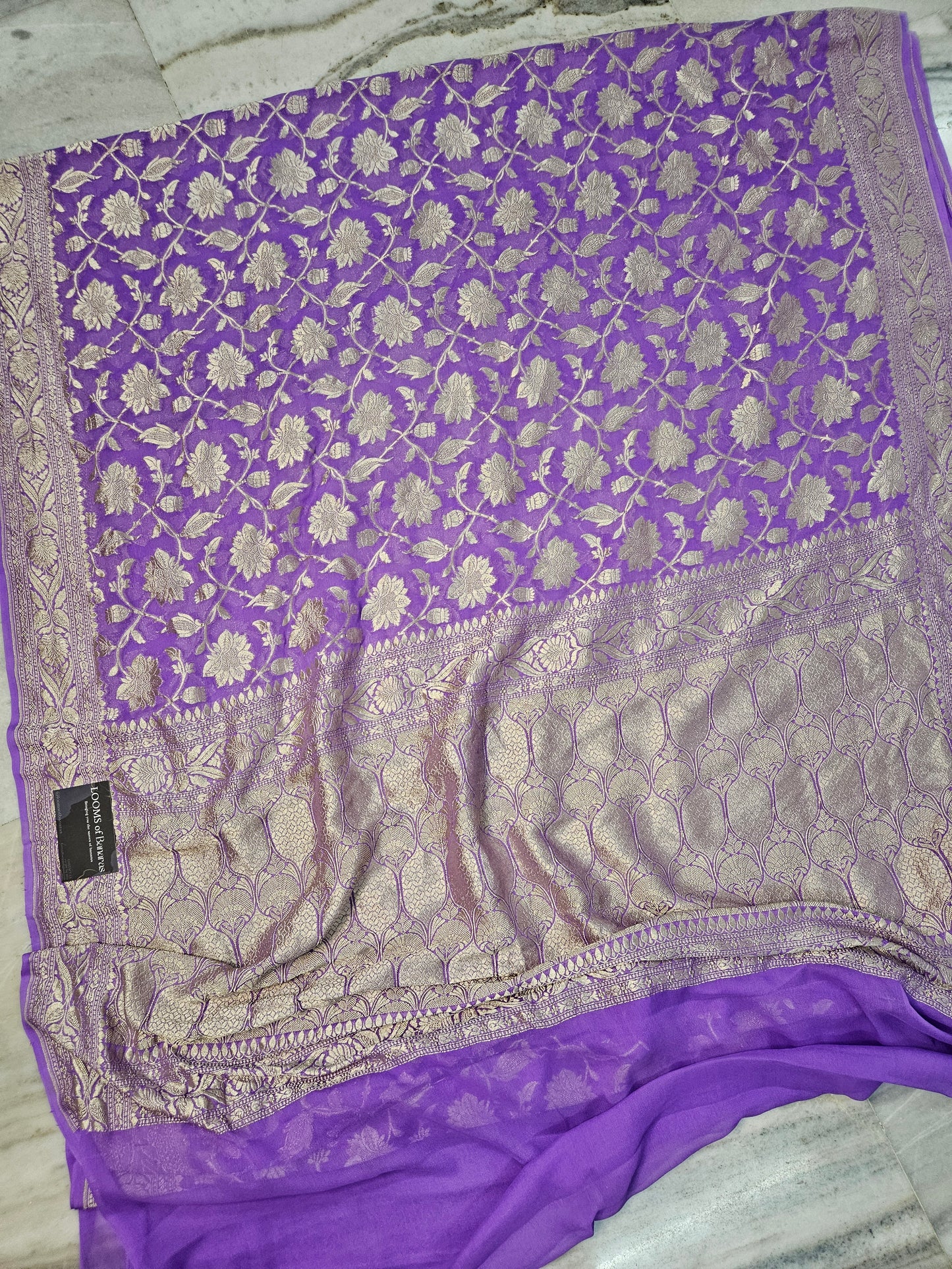 Pure Georgette Banarasi Saree weaving faux jaal watergold zari in Lavender