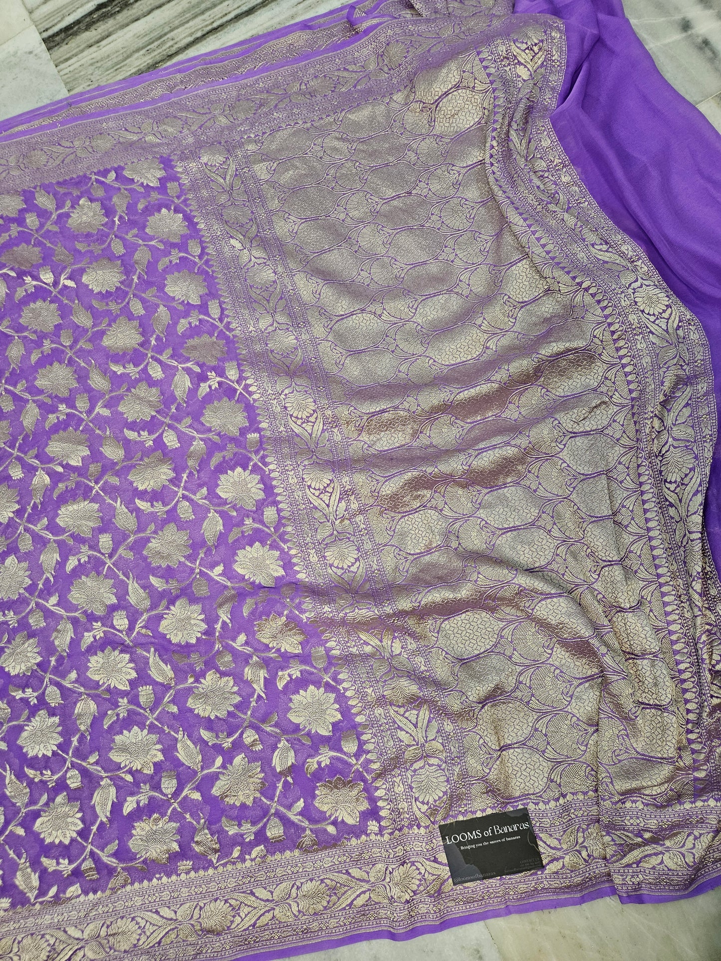 Pure Georgette Banarasi Saree weaving faux jaal watergold zari in Lavender