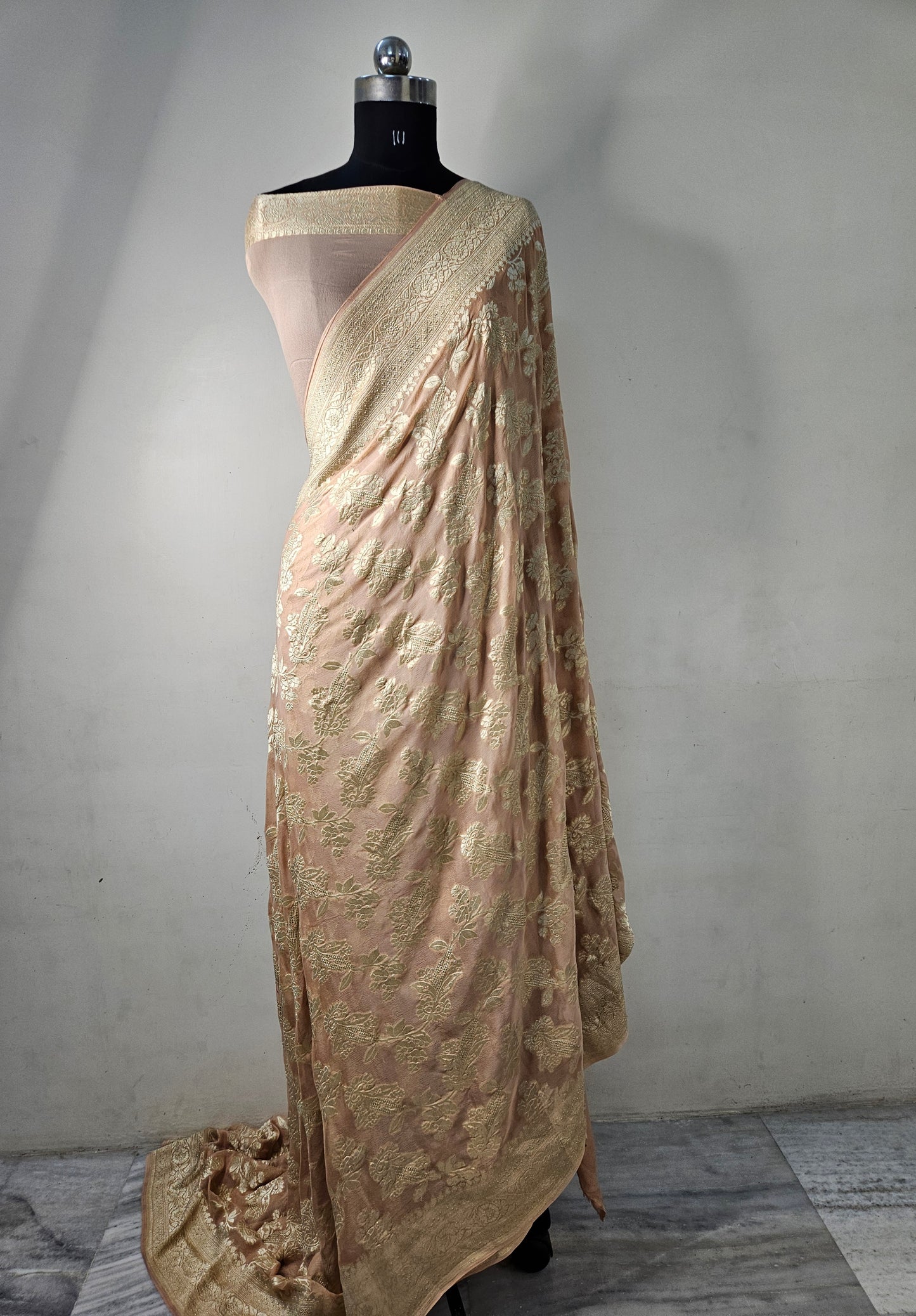 Pure Georgette Banarasi Saree weaving faux jaal watergold zari in Biskooti