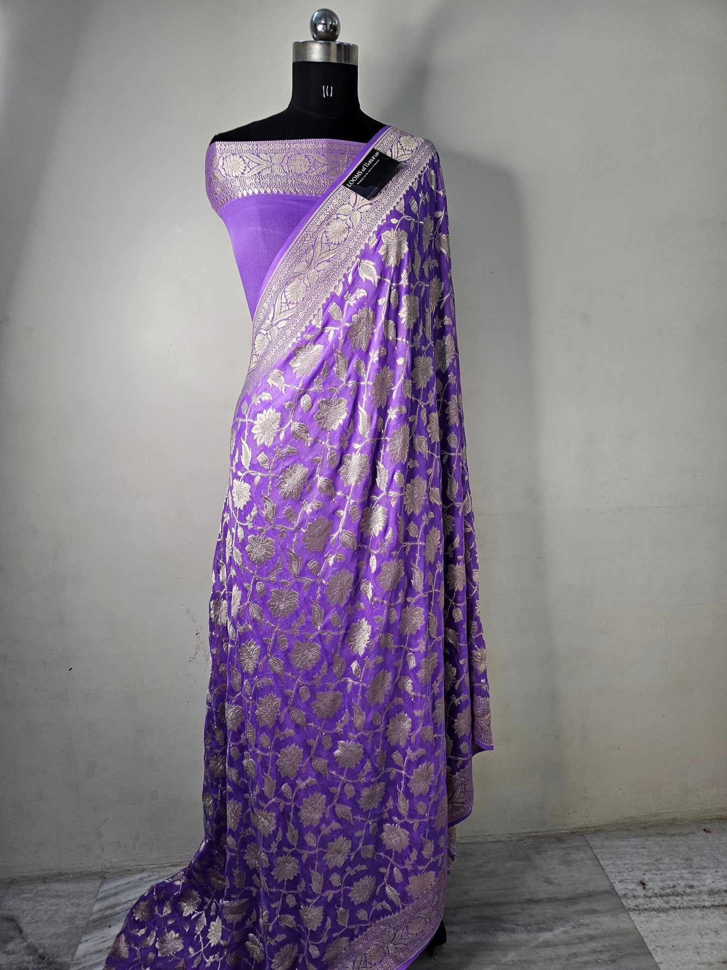 Pure Georgette Banarasi Saree weaving faux jaal watergold zari in Lavender