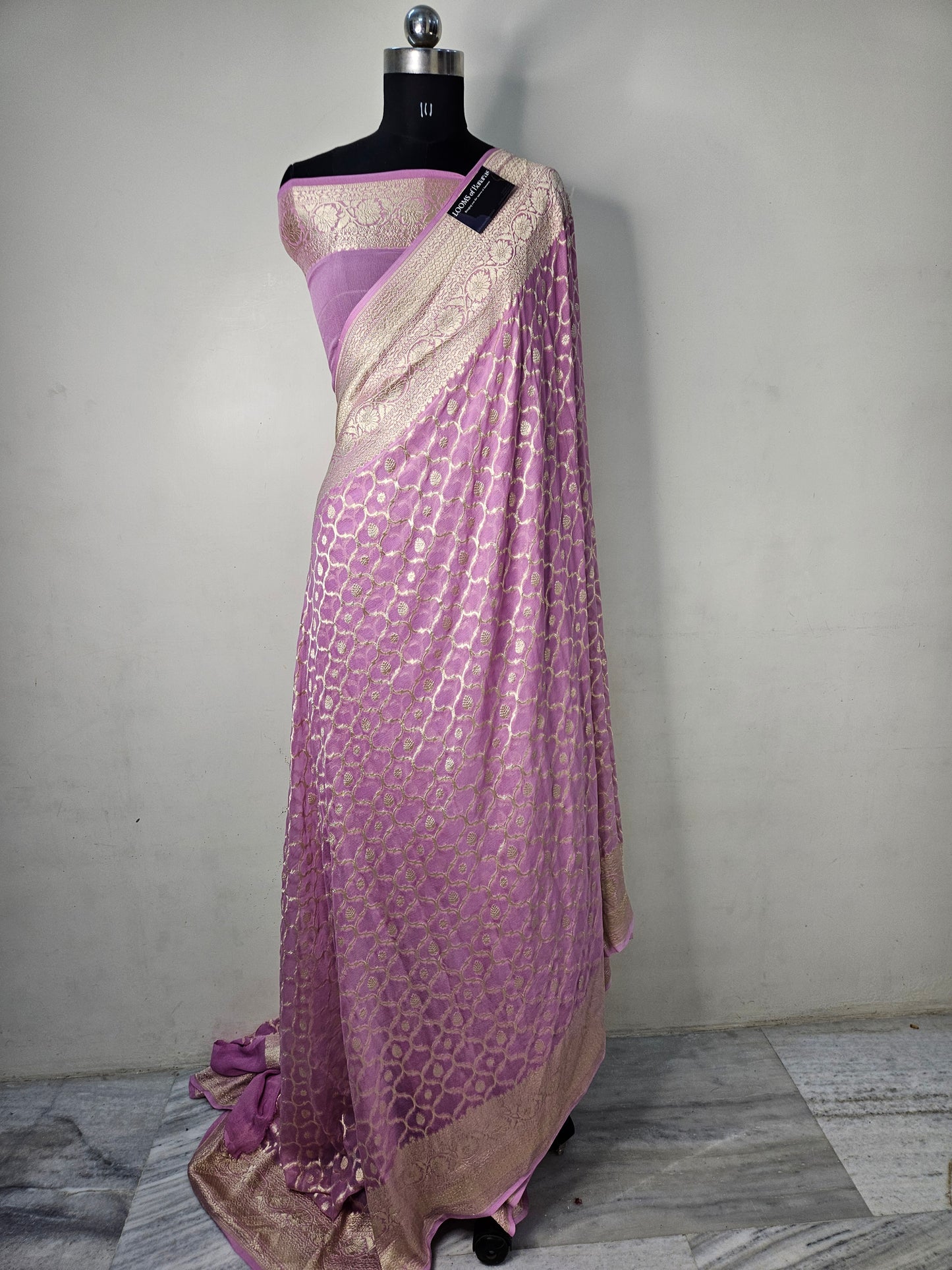 Pure Georgette Banarasi Saree weaving faux jaal watergold zari in Dusty Pink