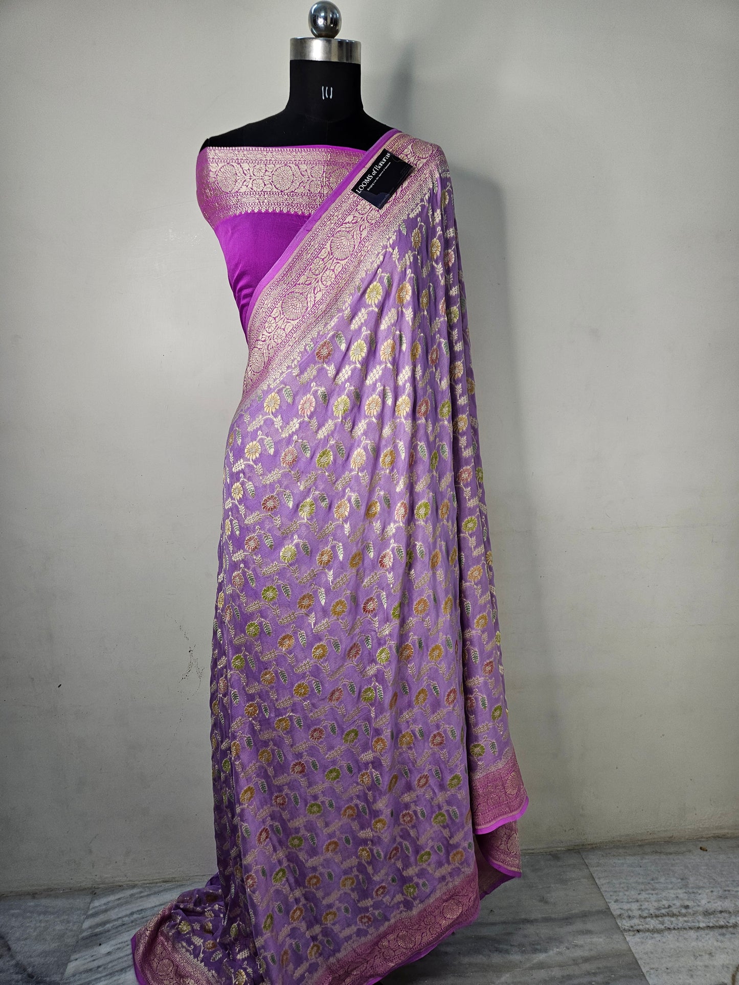 Pure Georgette Meena Hand Brush Work Banarasi Saree in Lavender