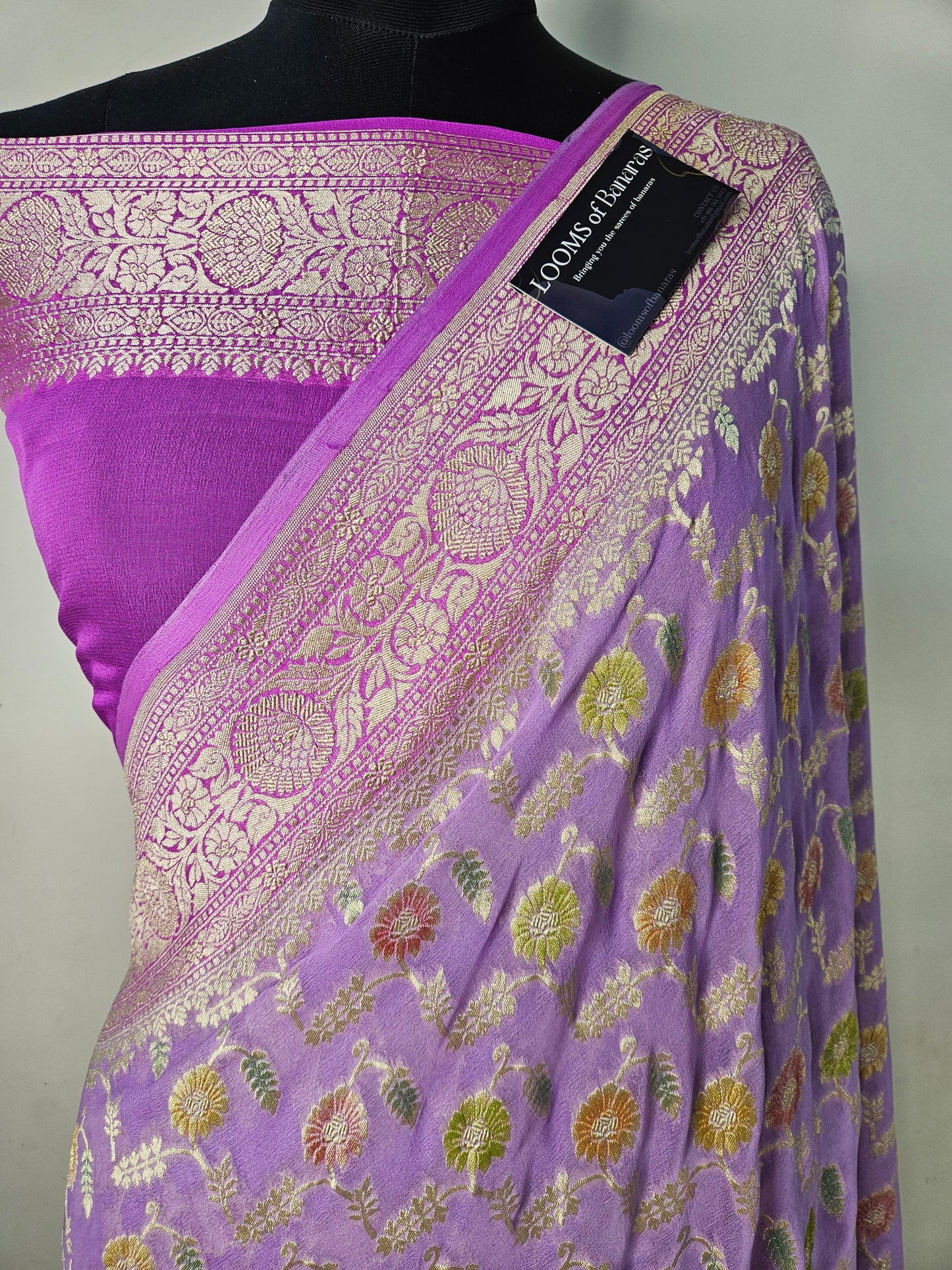 Pure Georgette Meena Hand Brush Work Banarasi Saree in Lavender