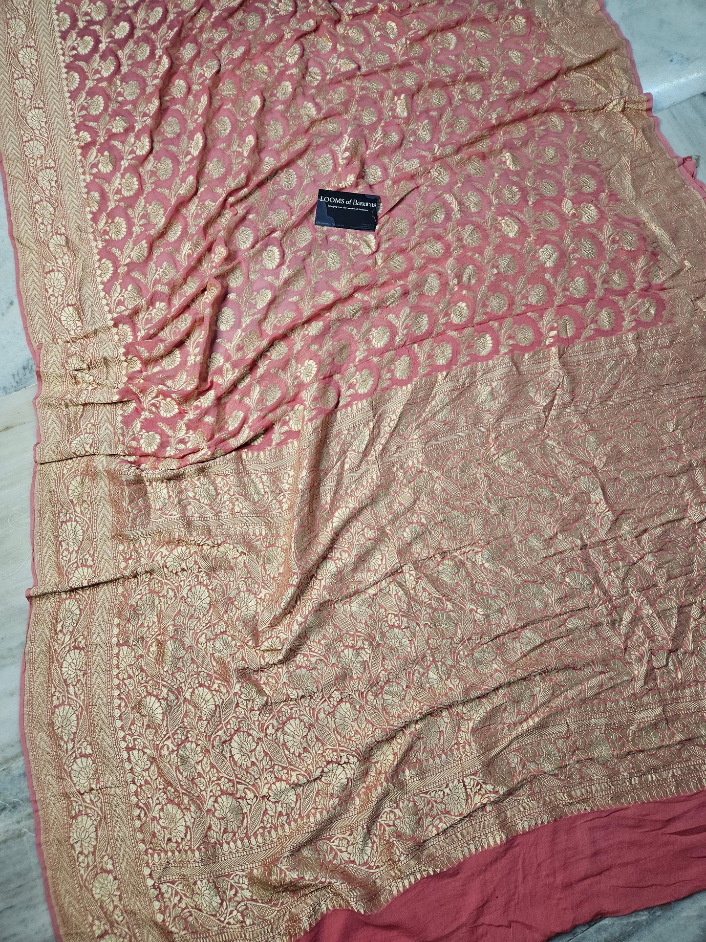 Peach Pure Georgette Banarasi Saree Jaal weaving faux Nimzari zari