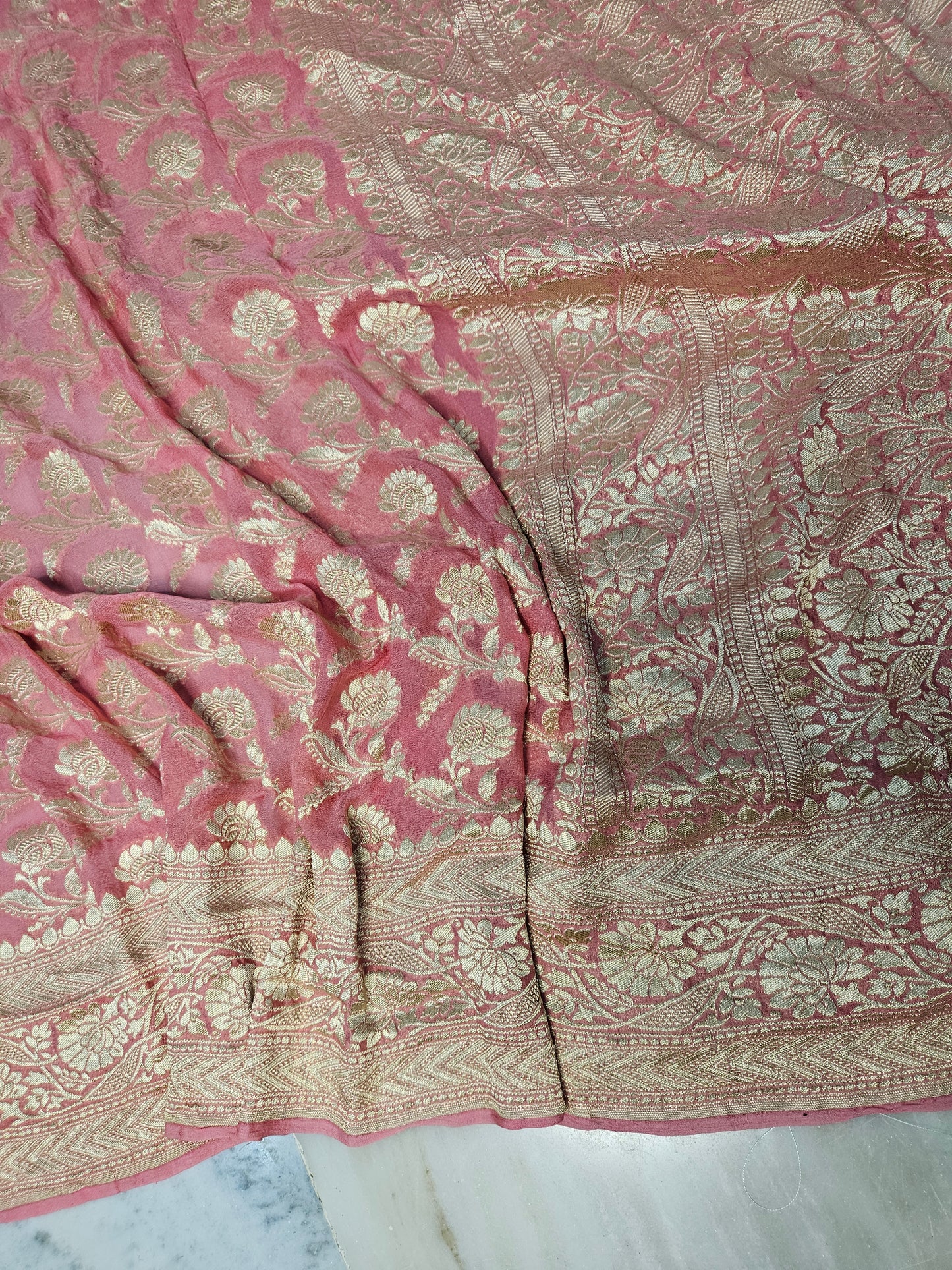 Peach Pure Georgette Banarasi Saree Jaal weaving faux Nimzari zari