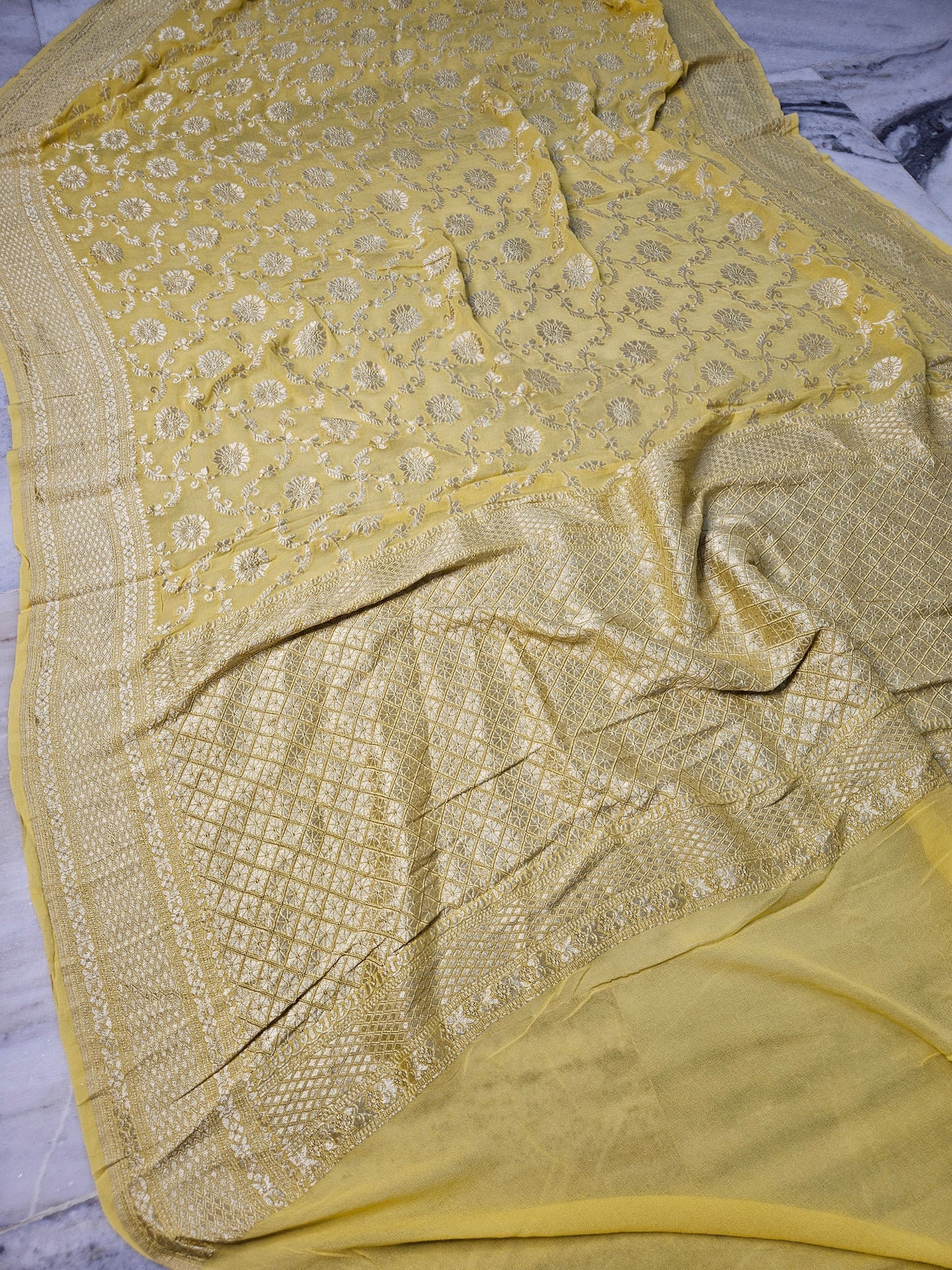 Yellow Pure Georgette Banarasi Saree Jaal weaving faux watergold zari