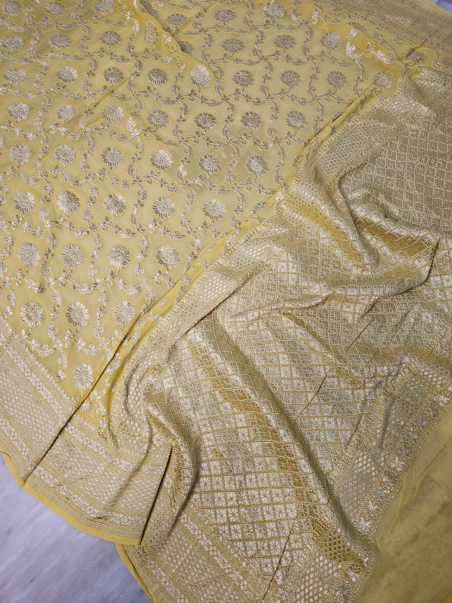 Yellow Pure Georgette Banarasi Saree Jaal weaving faux watergold zari