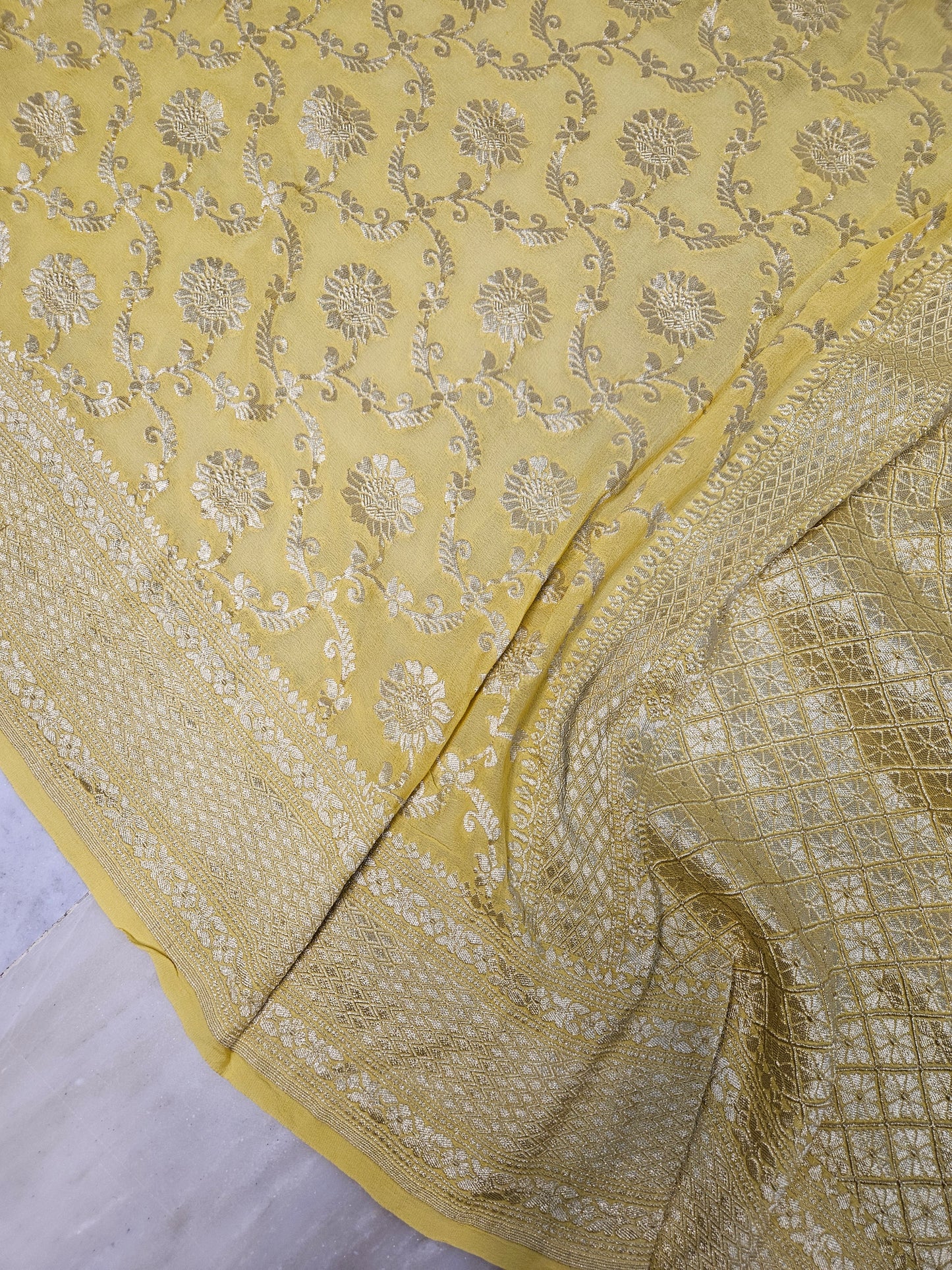 Yellow Pure Georgette Banarasi Saree Jaal weaving faux watergold zari