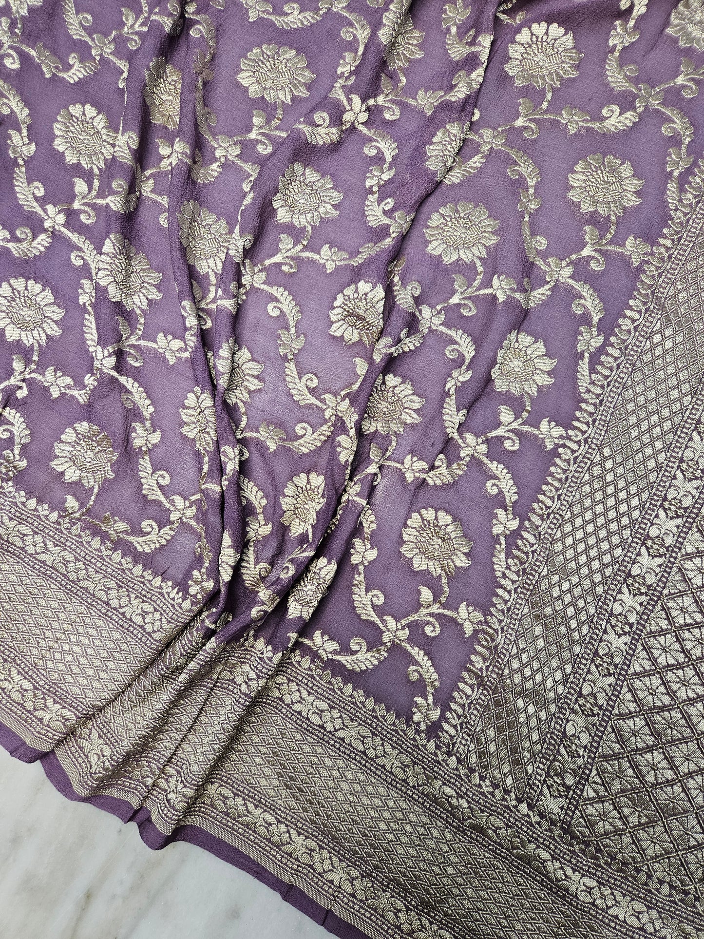 Dusty Purple Pure Georgette Banarasi Saree Jaal weaving faux watergold zari