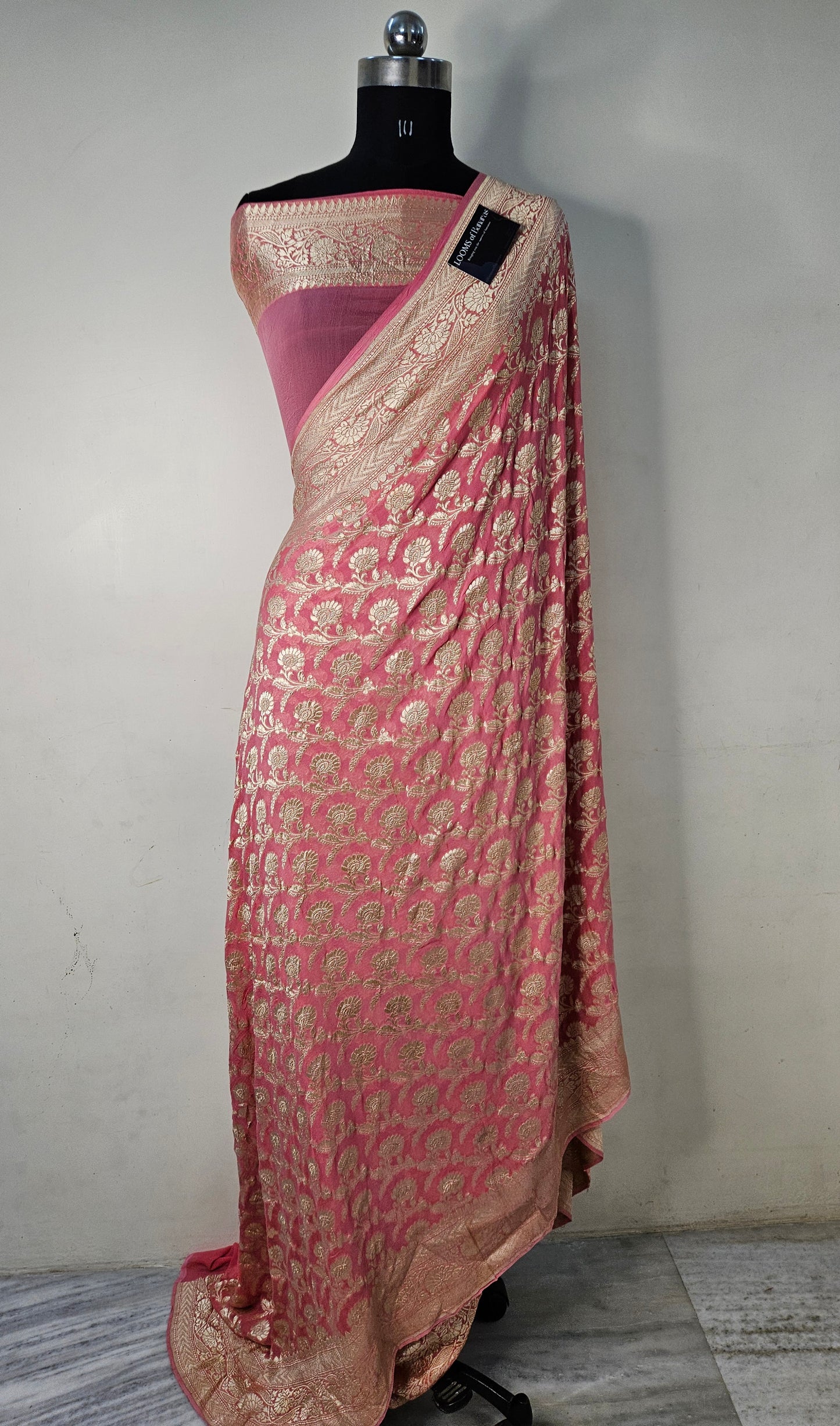 Peach Pure Georgette Banarasi Saree Jaal weaving faux Nimzari zari