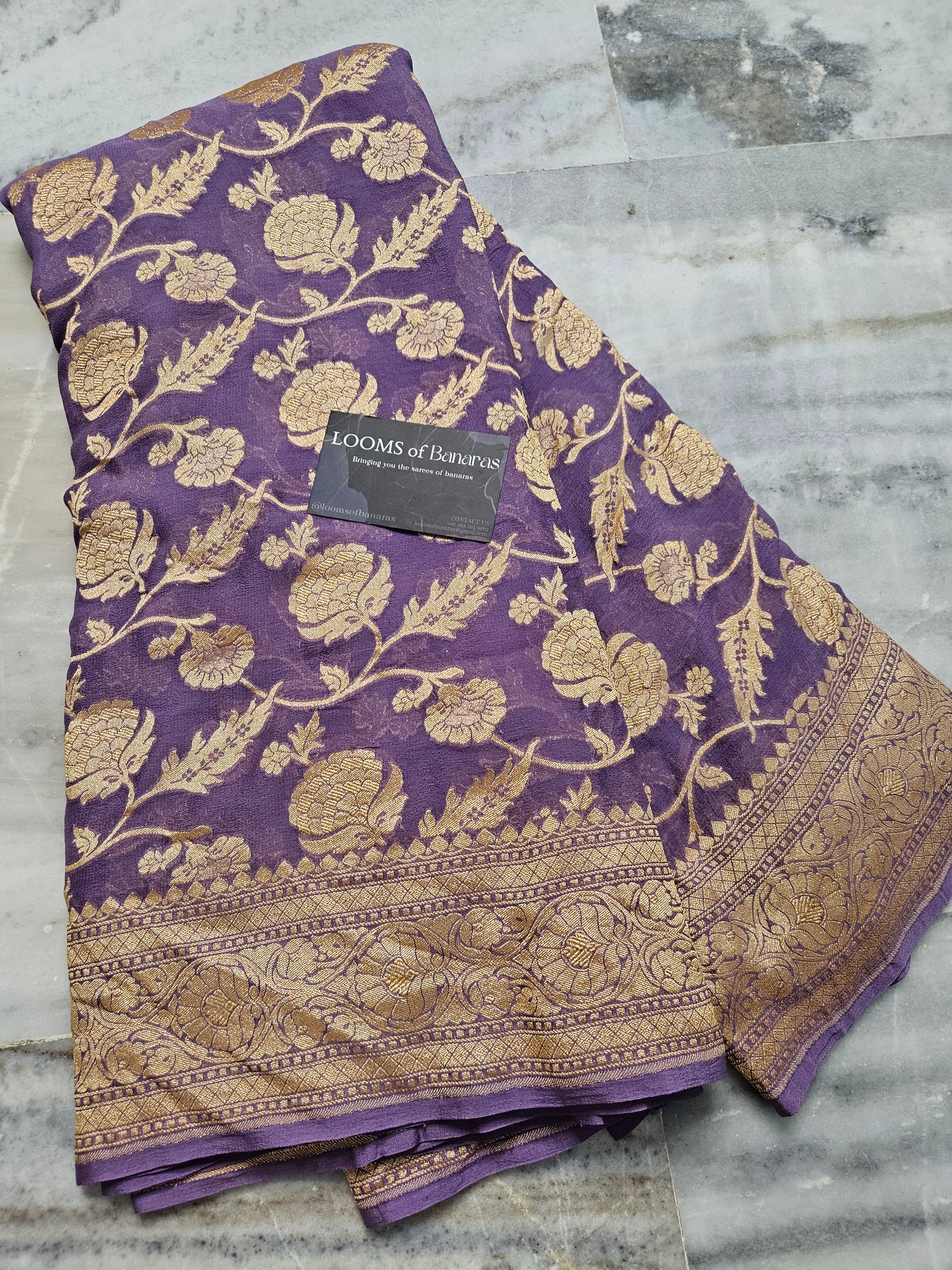 Powdered Purple Pure Georgette Banarasi Saree Jaal weaving faux Nimzari zari