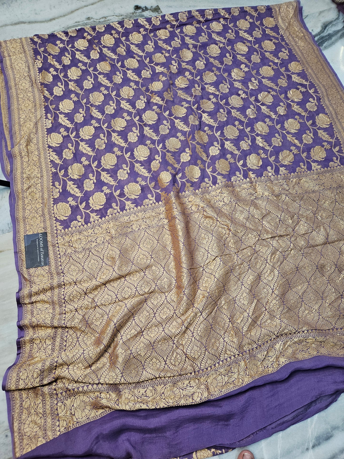 Powdered Purple Pure Georgette Banarasi Saree Jaal weaving faux Nimzari zari