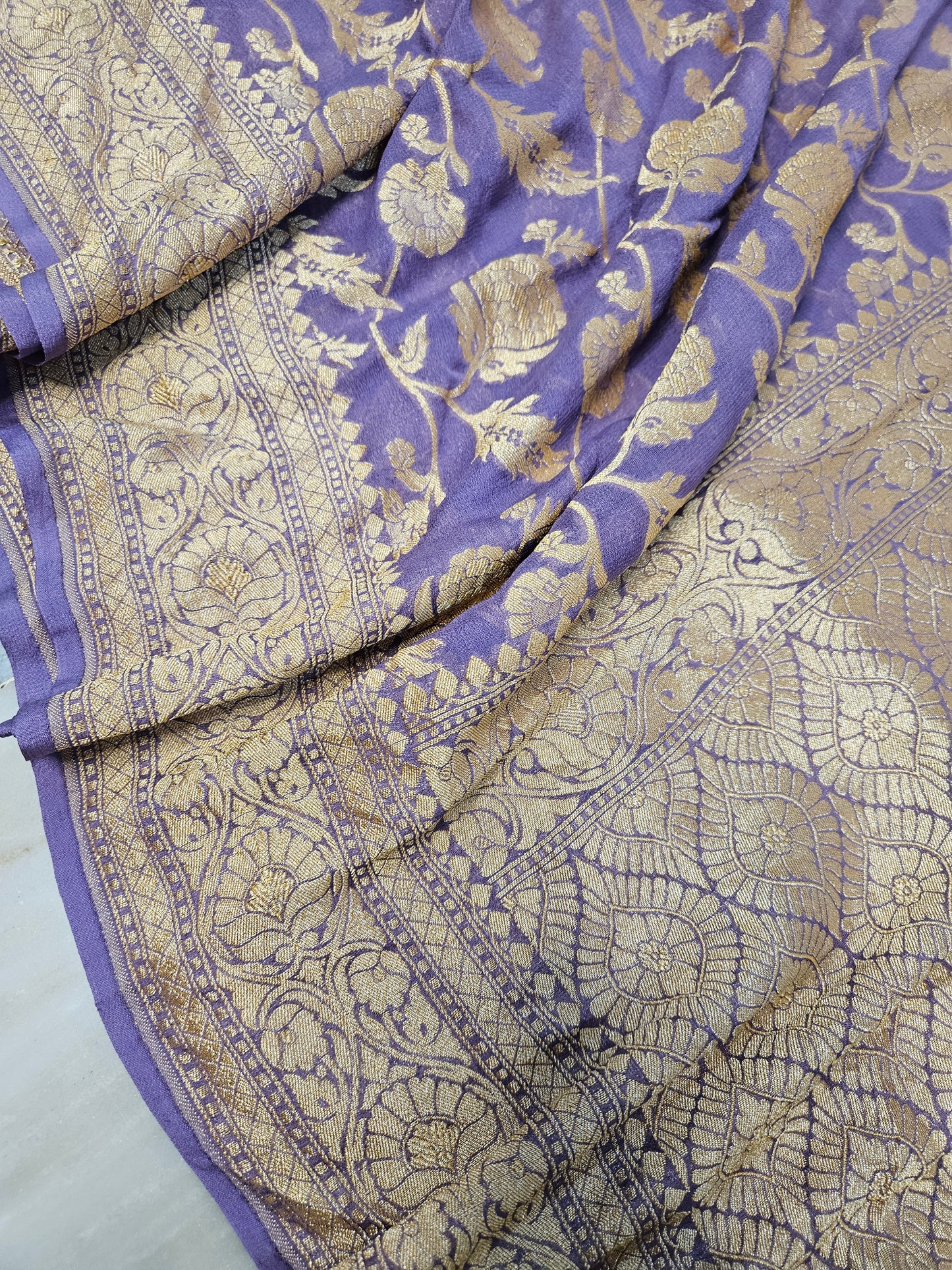 Powdered Purple Pure Georgette Banarasi Saree Jaal weaving faux Nimzari zari