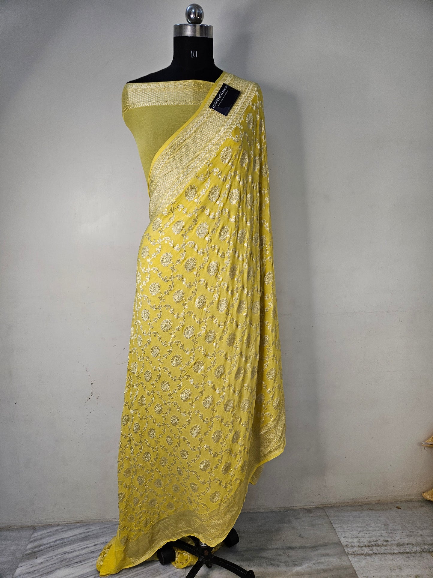 Yellow Pure Georgette Banarasi Saree Jaal weaving faux watergold zari