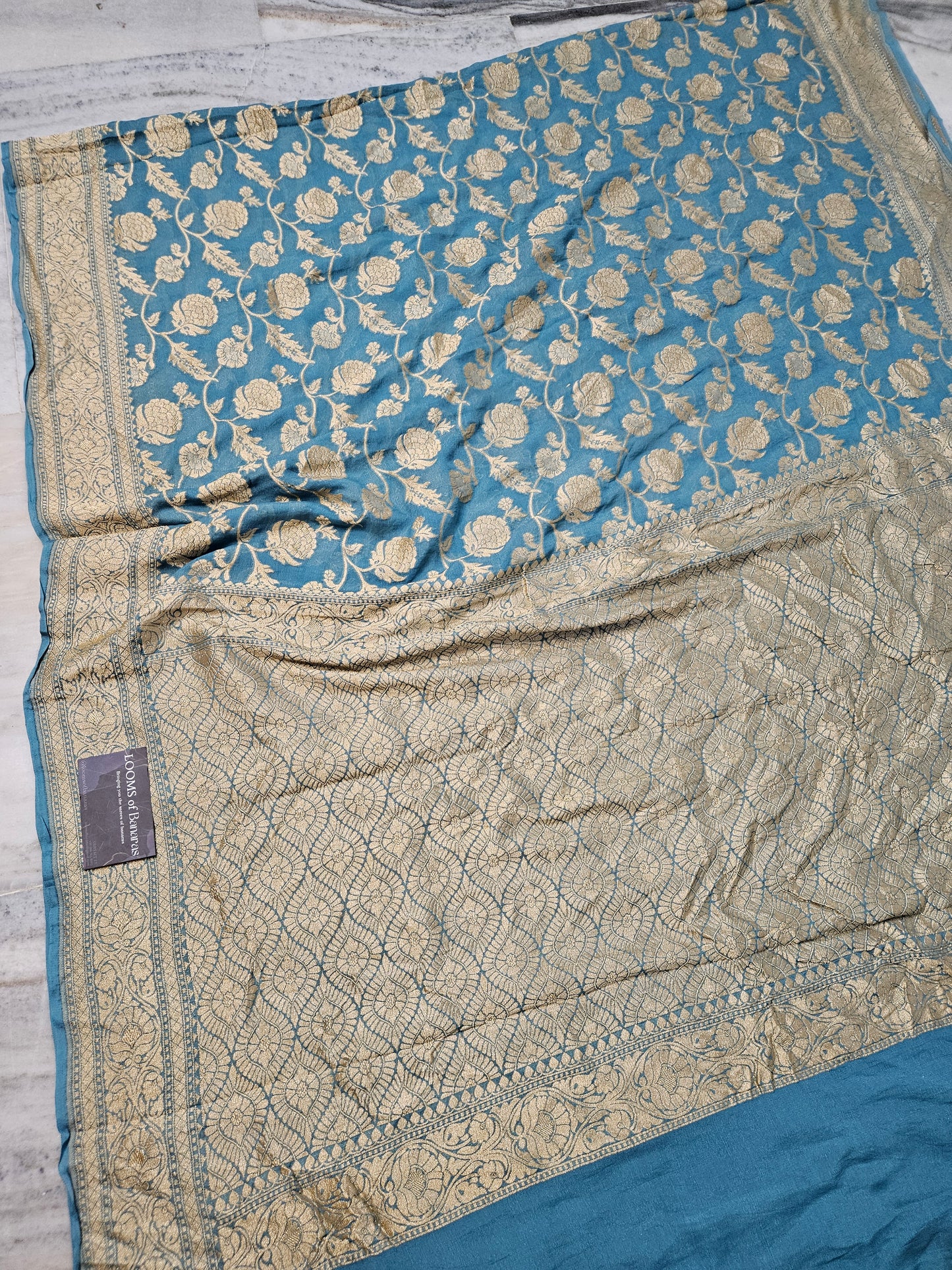 Pure Georgette Jungla Faux Nimzari Banarasi Saree in Powdered Blue