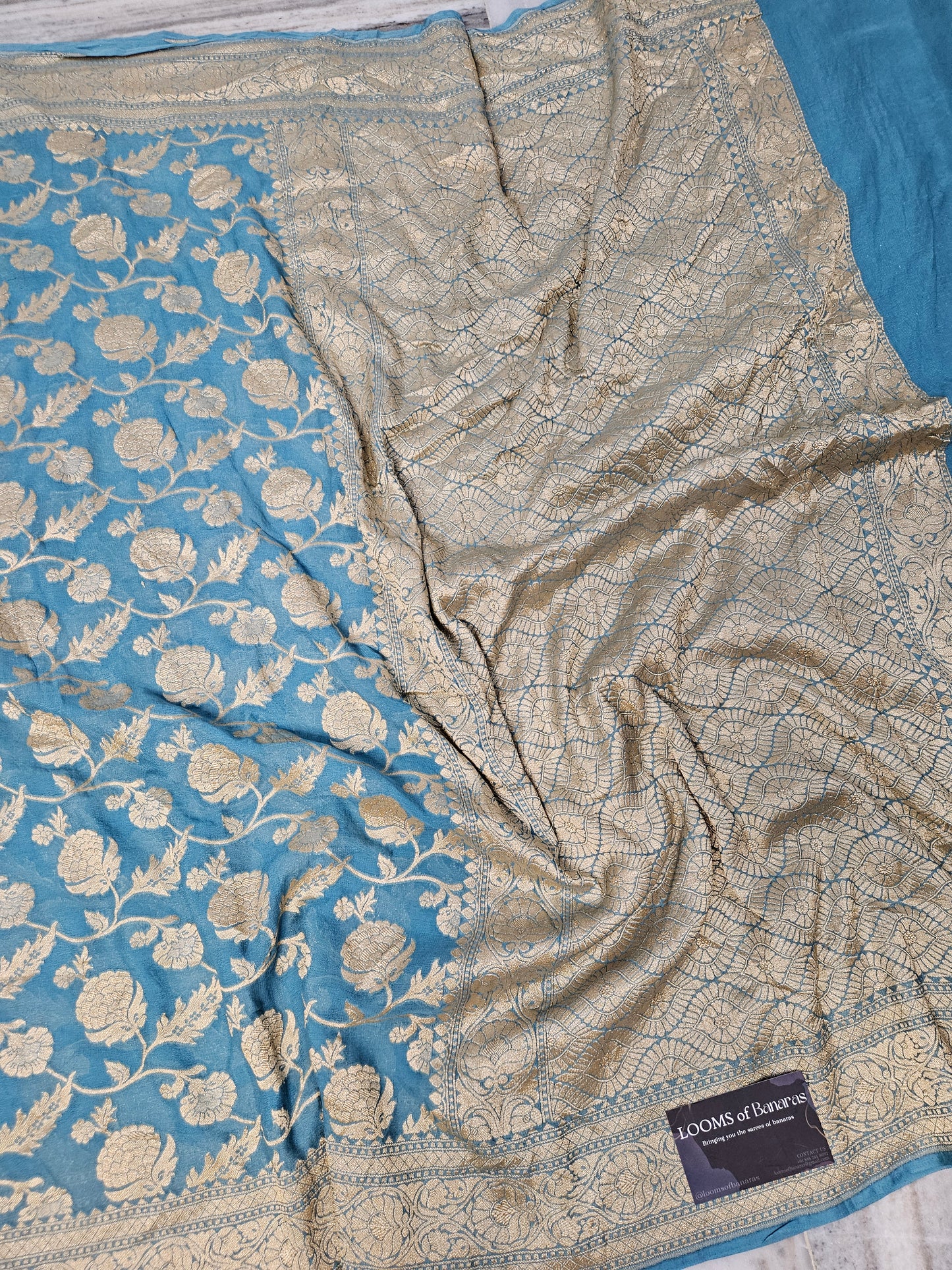 Pure Georgette Jungla Faux Nimzari Banarasi Saree in Powdered Blue