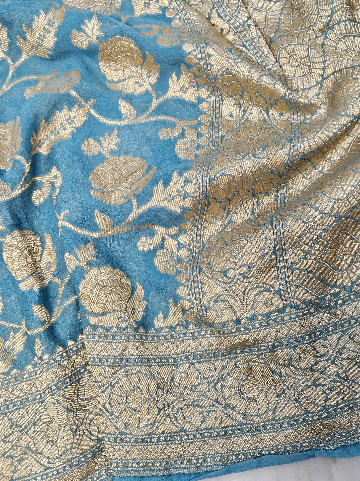 Pure Georgette Jungla Faux Nimzari Banarasi Saree in Powdered Blue