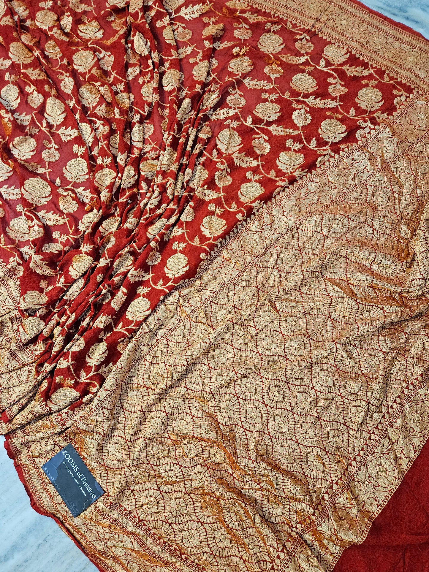 Pure Georgette Banarasi Saree weaving faux jaal nimzari in Bright Red