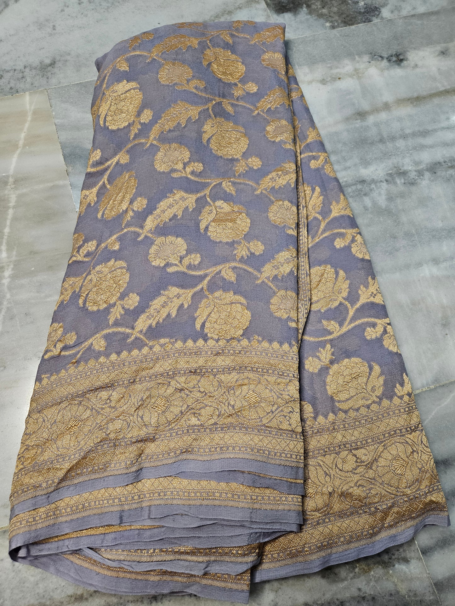 Powder Grey Pure Georgette Banarasi Saree Jaal weaving faux Nimzari zari