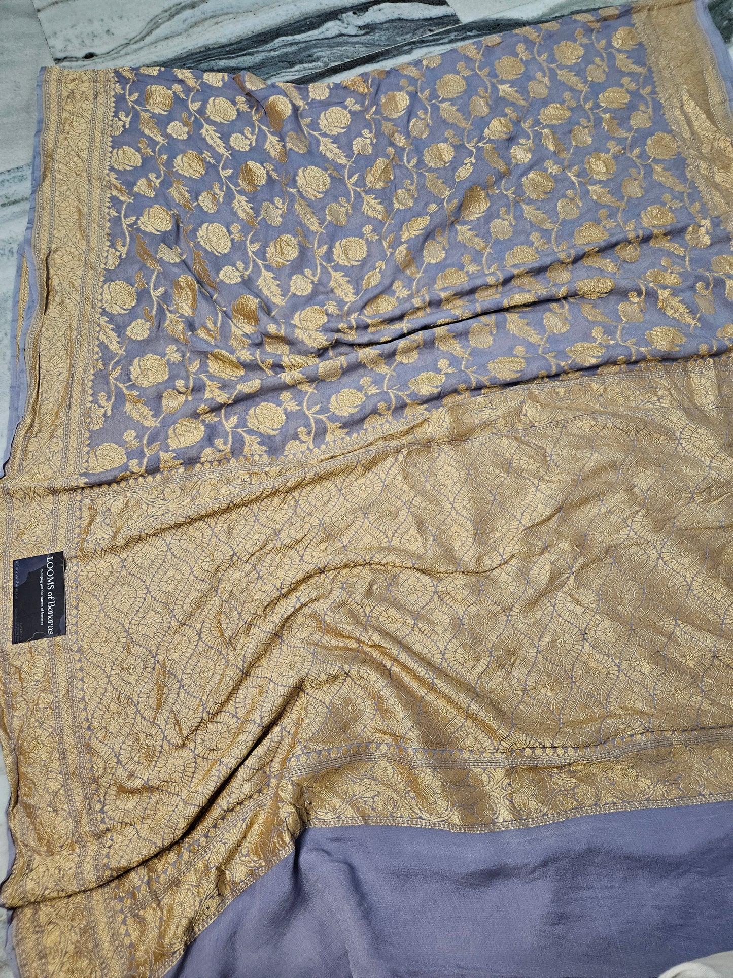 Powder Grey Pure Georgette Banarasi Saree Jaal weaving faux Nimzari zari