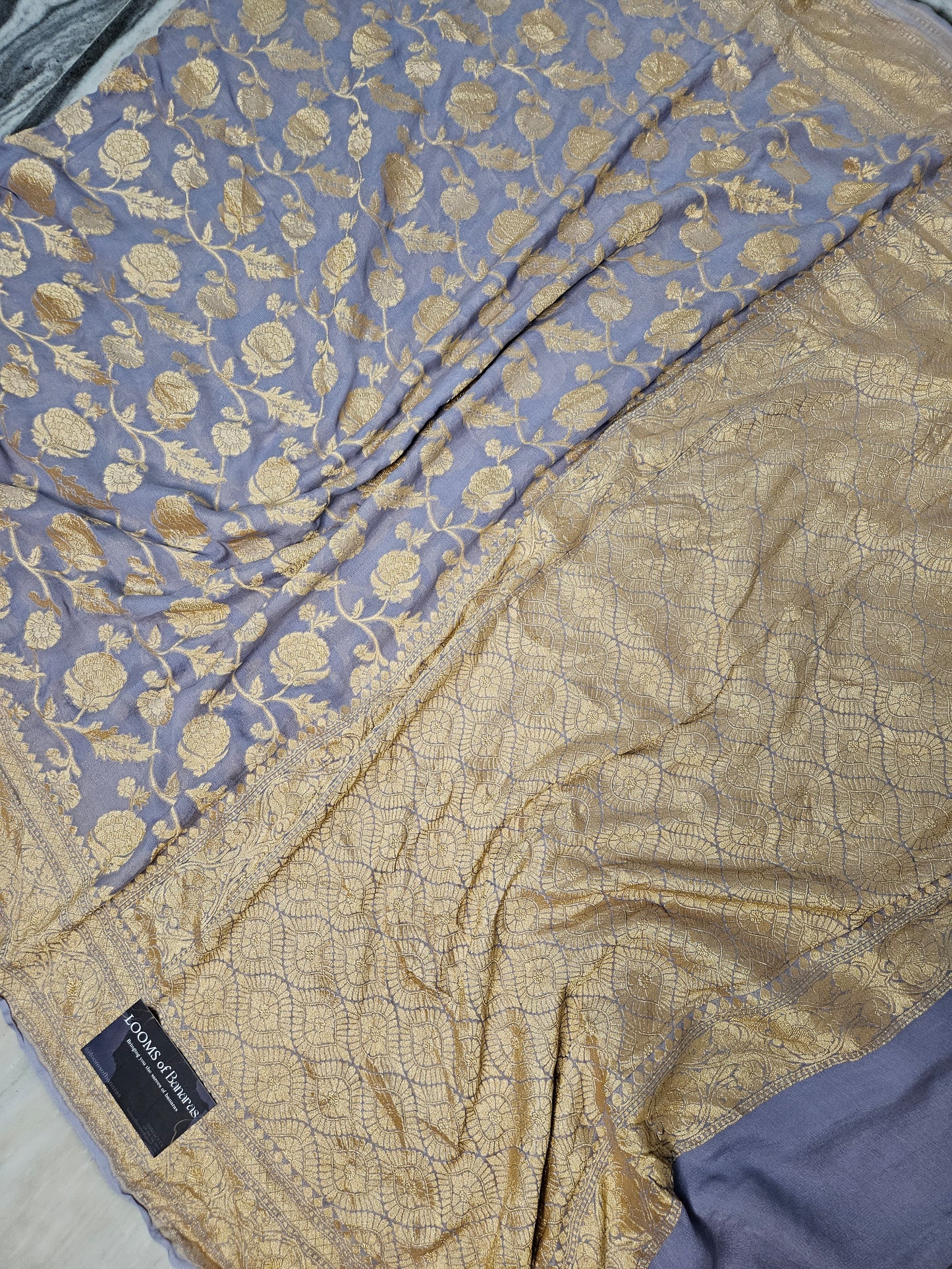 Powder Grey Pure Georgette Banarasi Saree Jaal weaving faux Nimzari zari