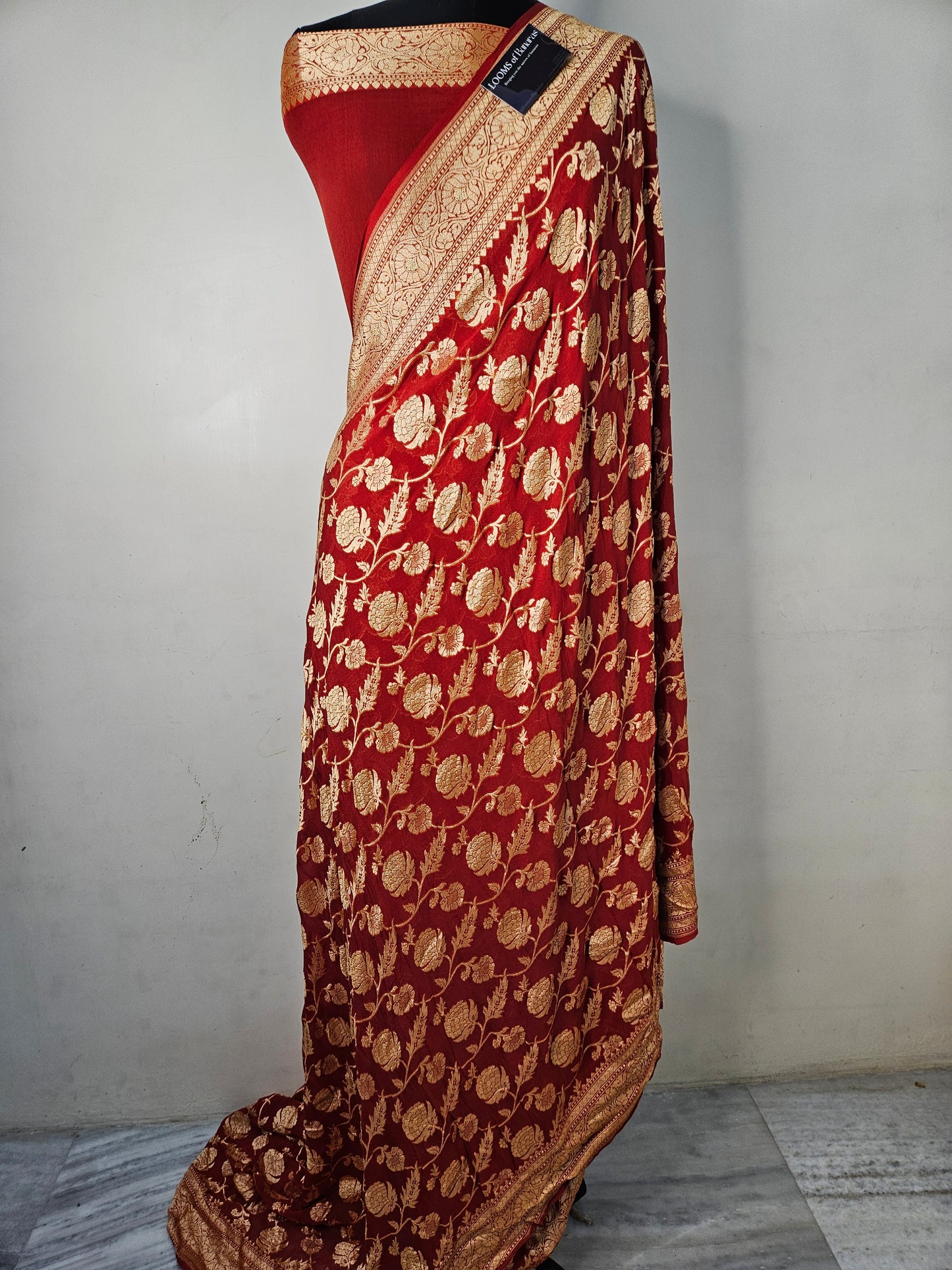 Pure Georgette Banarasi Saree weaving faux jaal nimzari in Bright Red