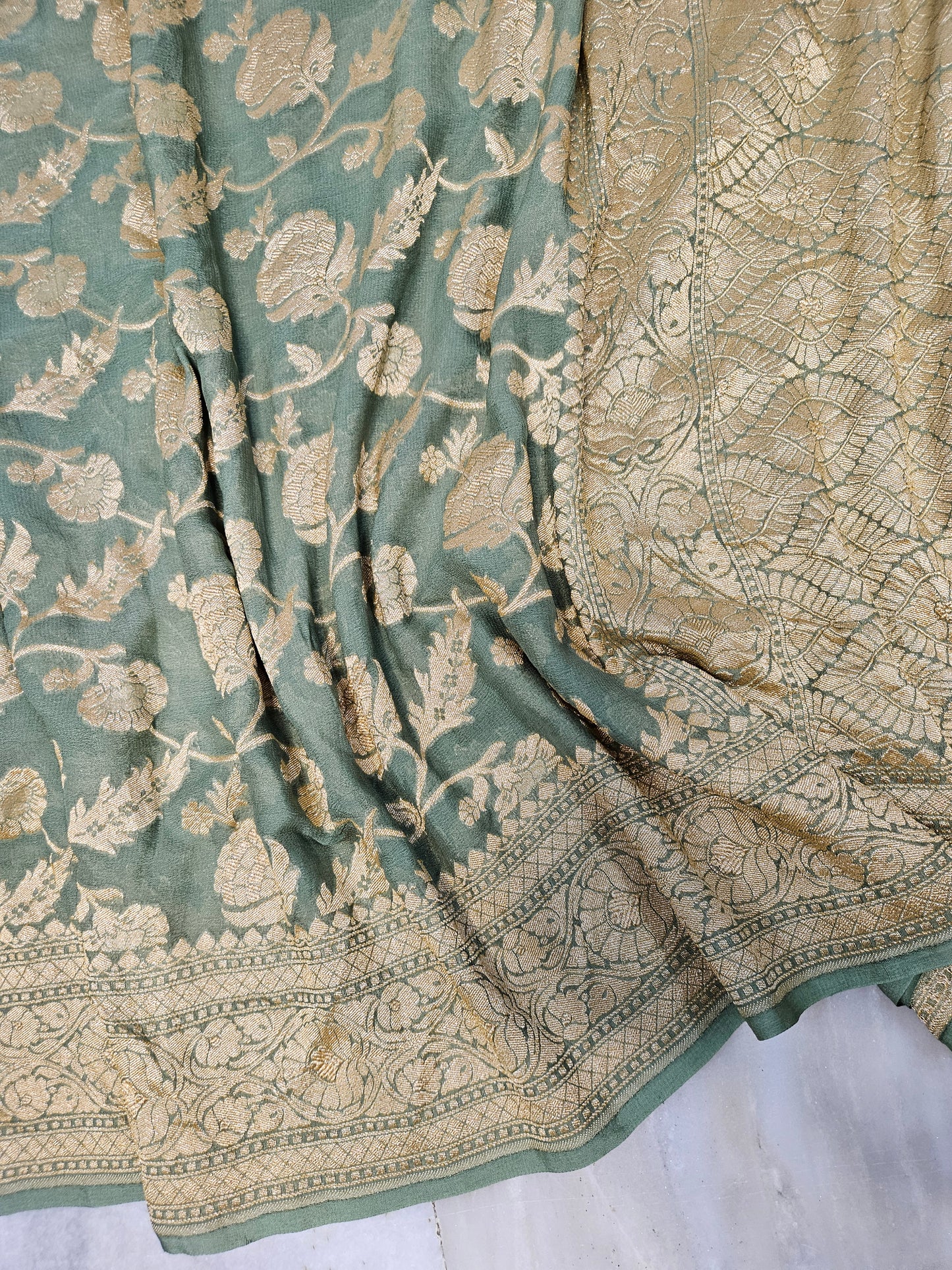 Mehendi Green Pure Georgette Banarasi Saree Jaal weaving faux Nimzari zari