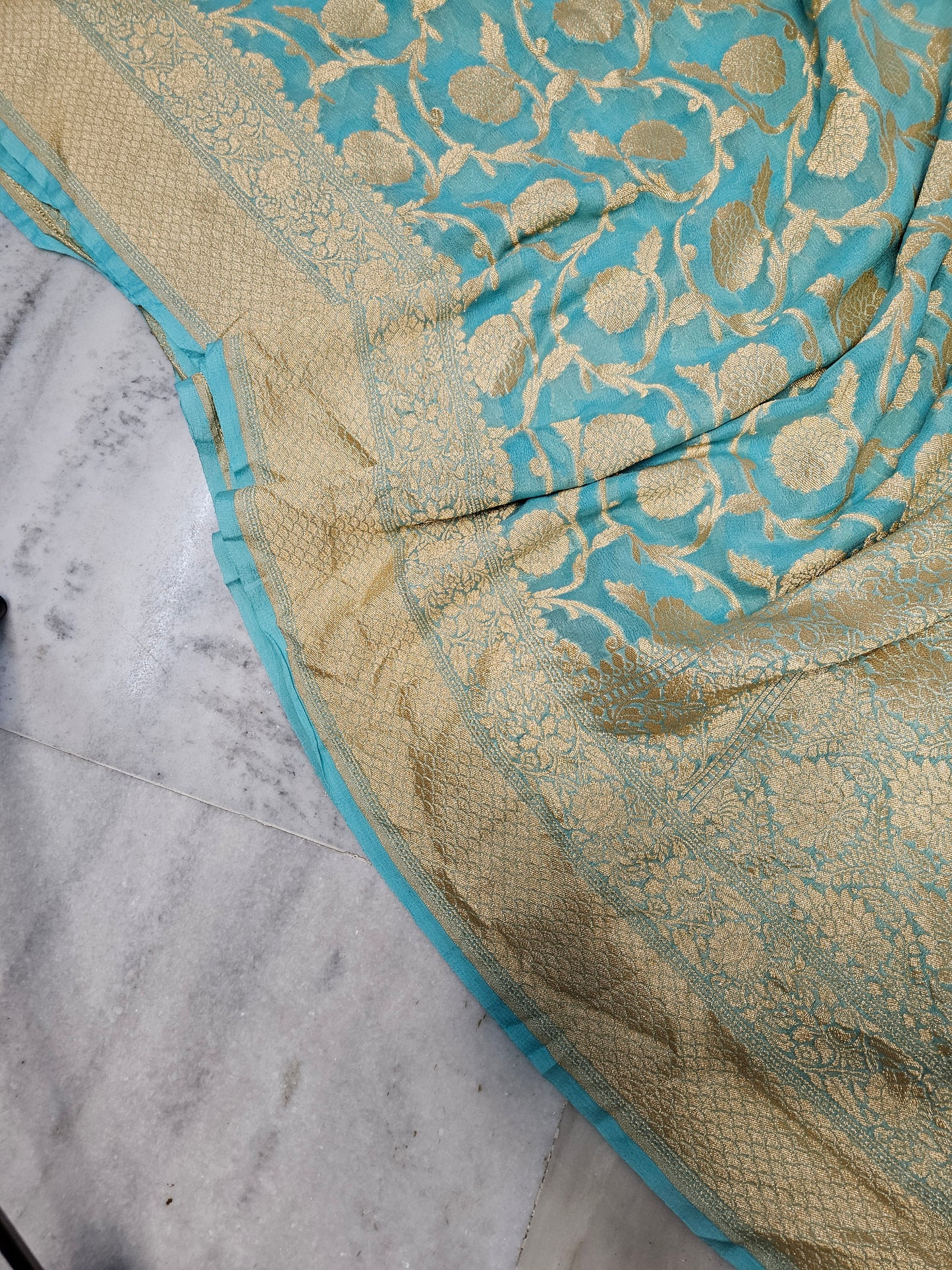 Pure Georgette Banarasi Saree weaving faux jaal nimzari in Peacock Blue