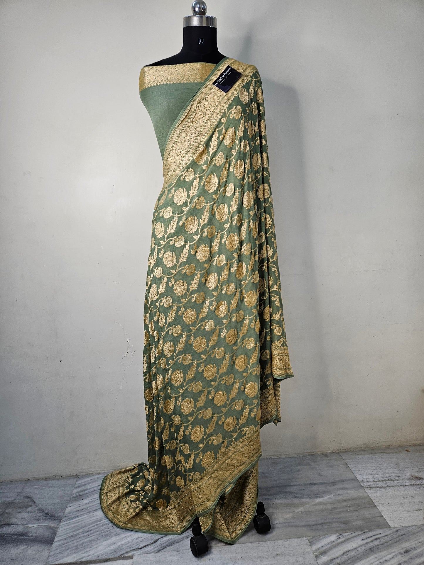 Mehendi Green Pure Georgette Banarasi Saree Jaal weaving faux Nimzari zari