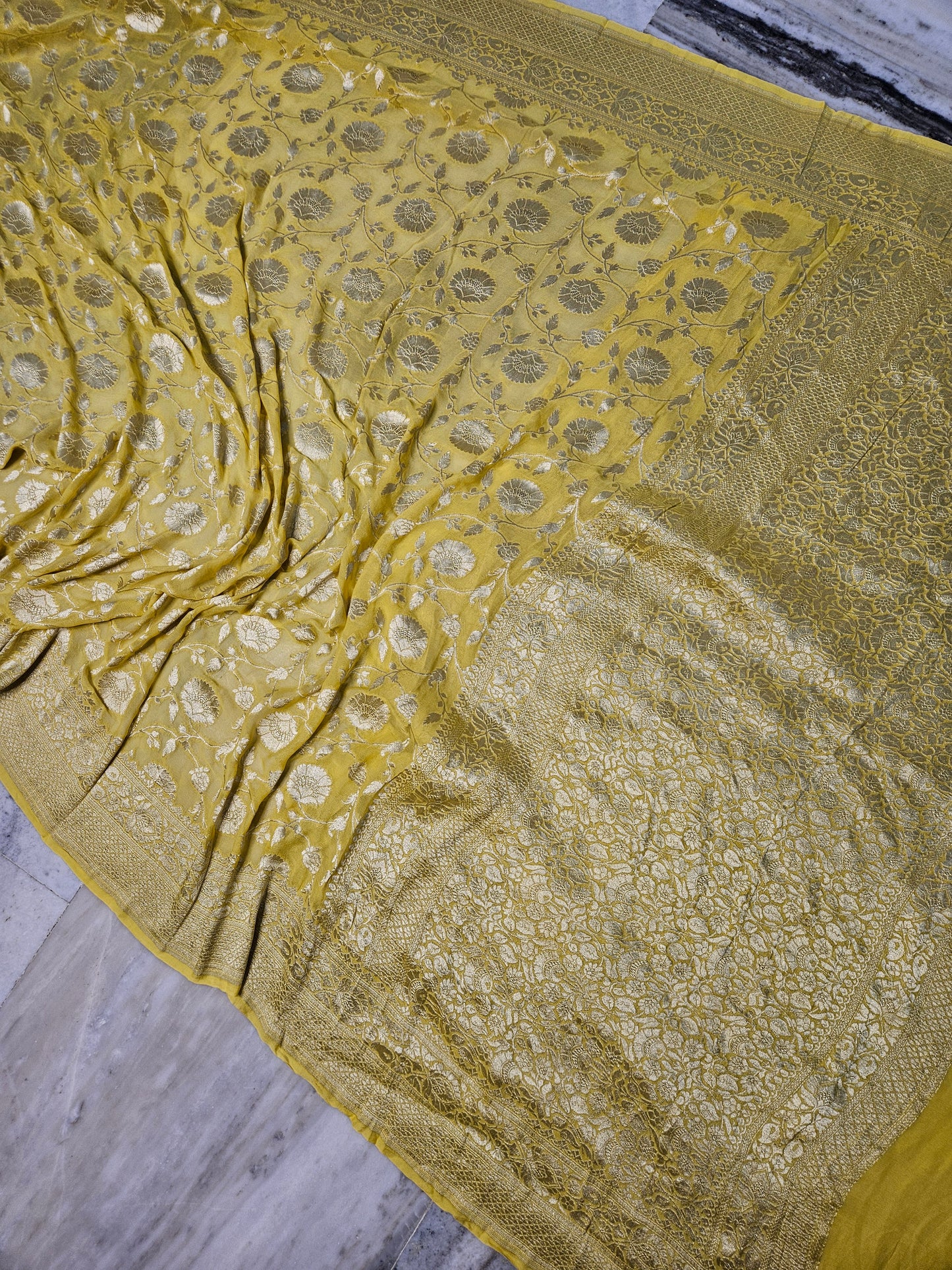 Pure Georgette Jungla Banarasi Saree in Yellow