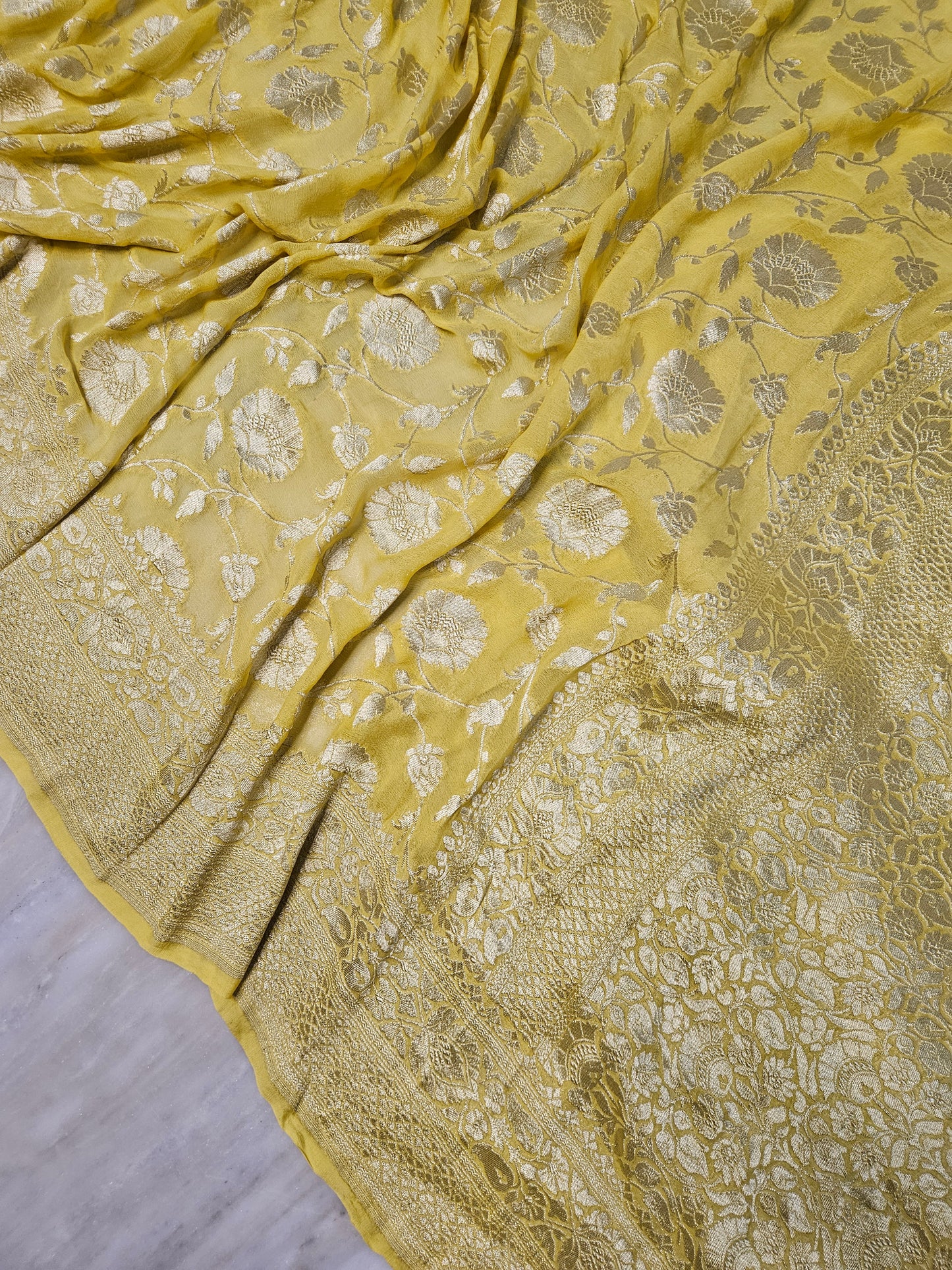 Pure Georgette Jungla Banarasi Saree in Yellow