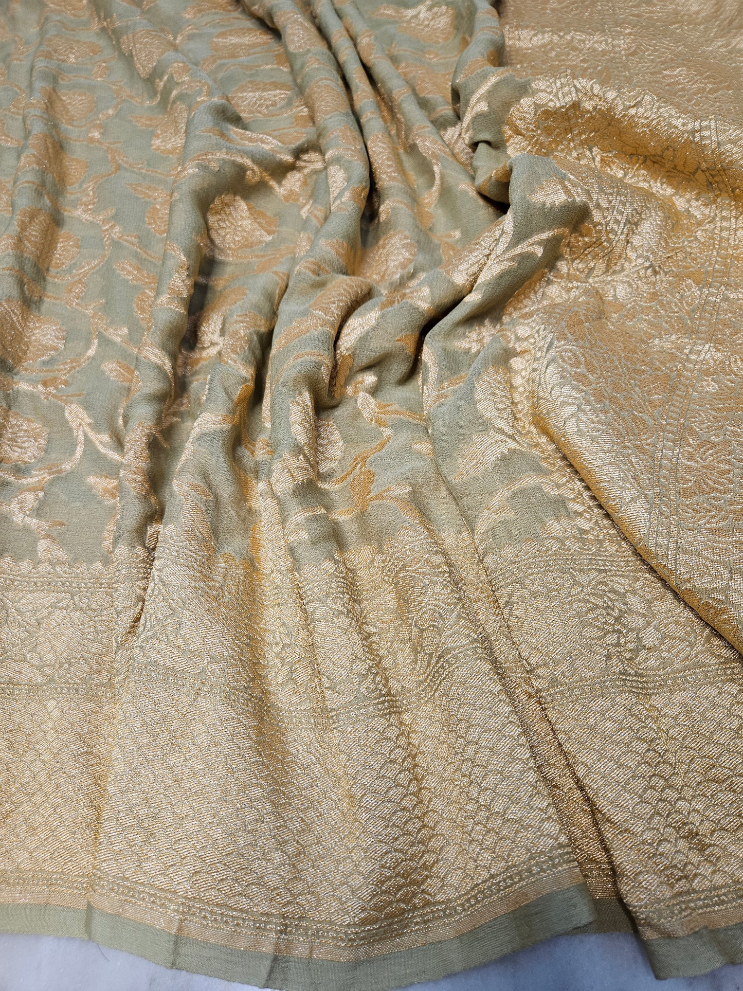 Pure Georgette Jungla Banarasi Saree in Dusty Green