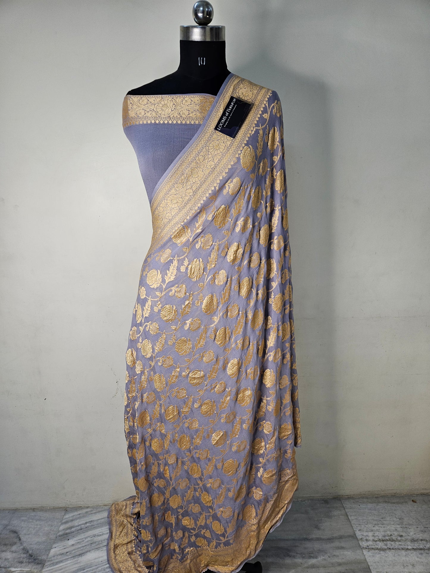 Powder Grey Pure Georgette Banarasi Saree Jaal weaving faux Nimzari zari