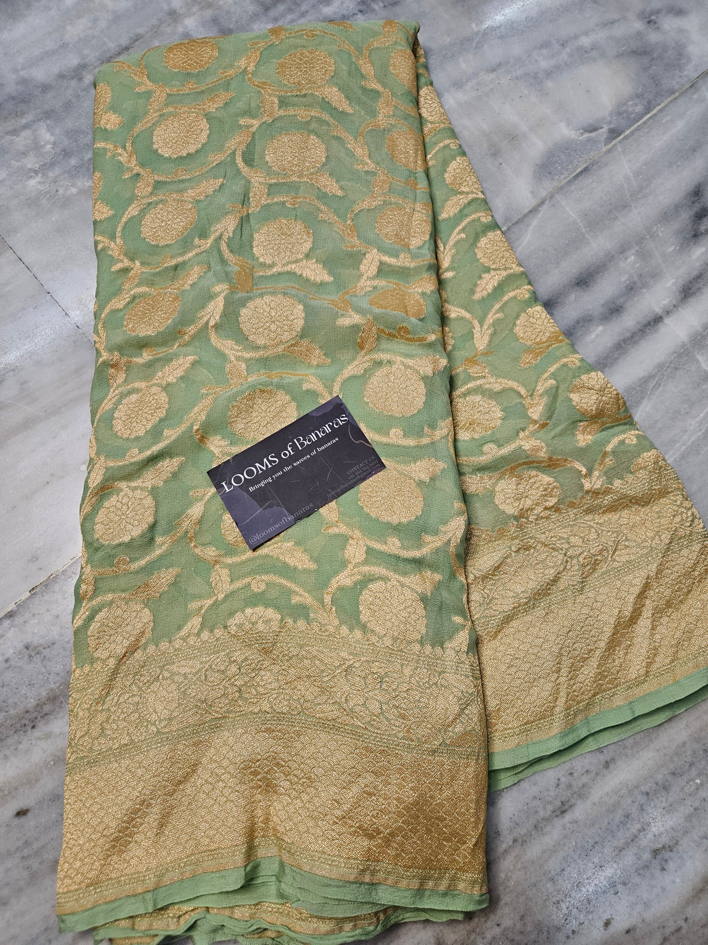 Powder Green Pure Georgette Banarasi Saree Jaal weaving faux watergold zari