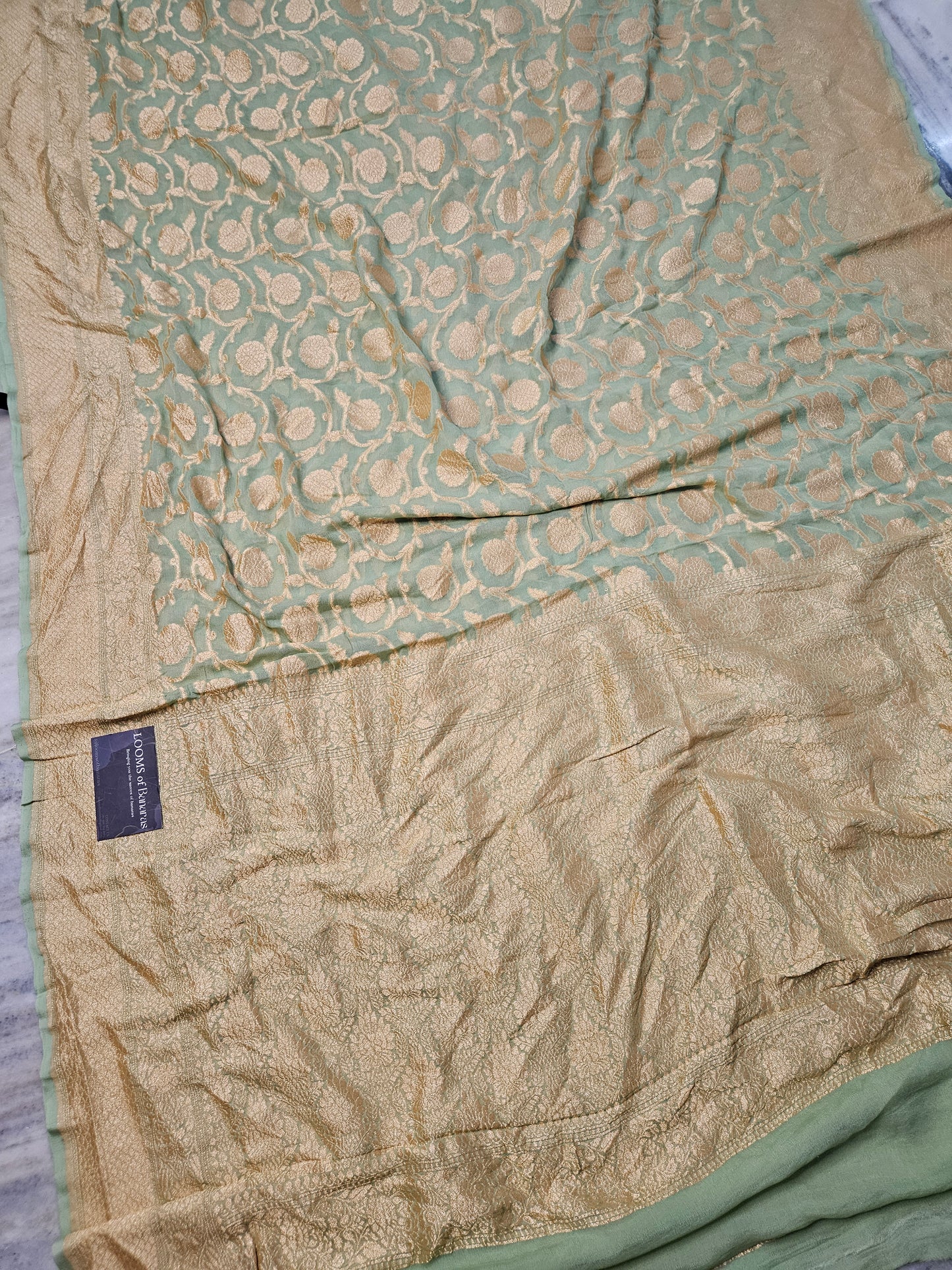 Powder Green Pure Georgette Banarasi Saree Jaal weaving faux watergold zari