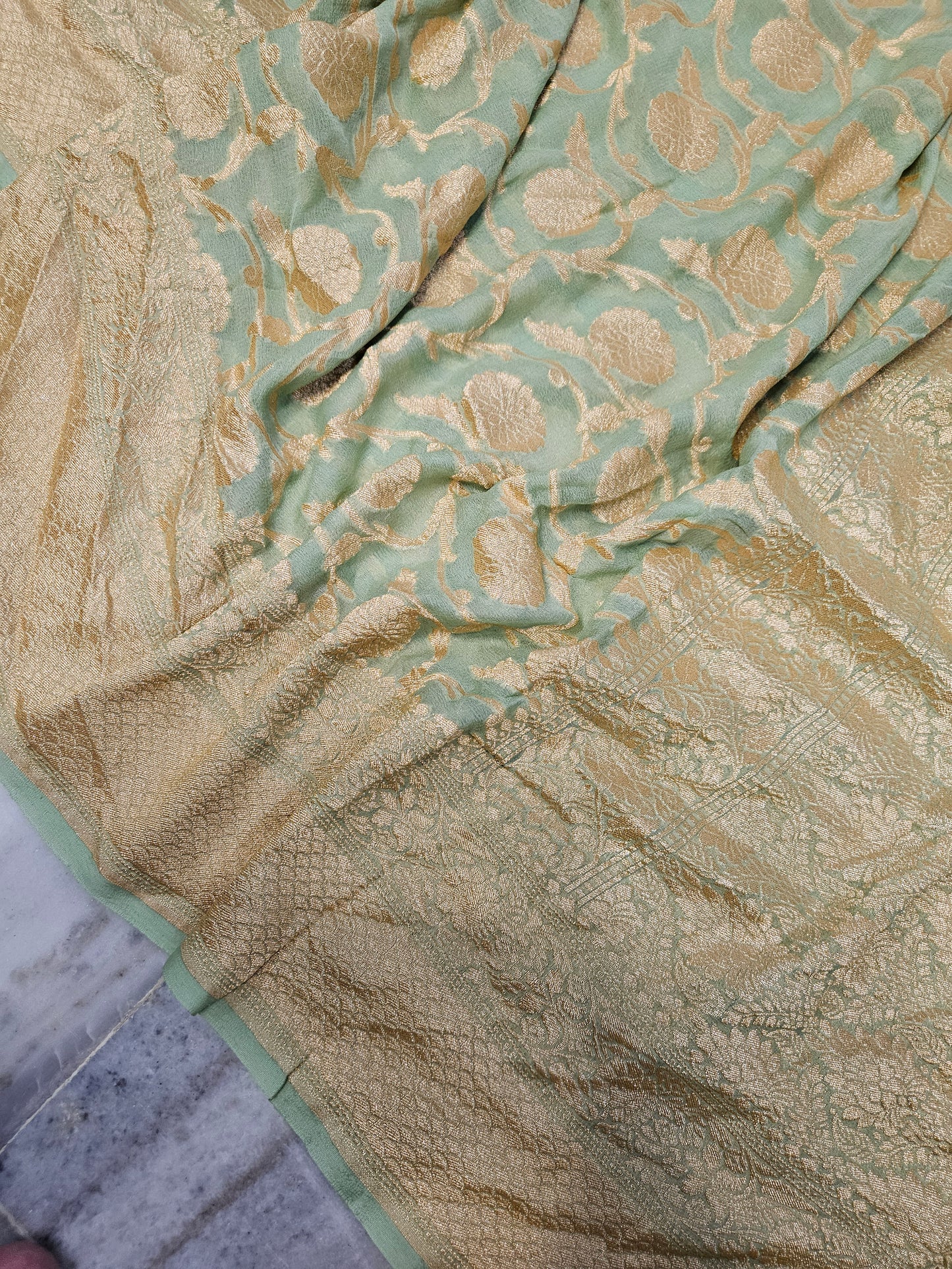 Powder Green Pure Georgette Banarasi Saree Jaal weaving faux watergold zari