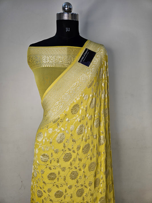 Pure Georgette Jungla Banarasi Saree in Yellow