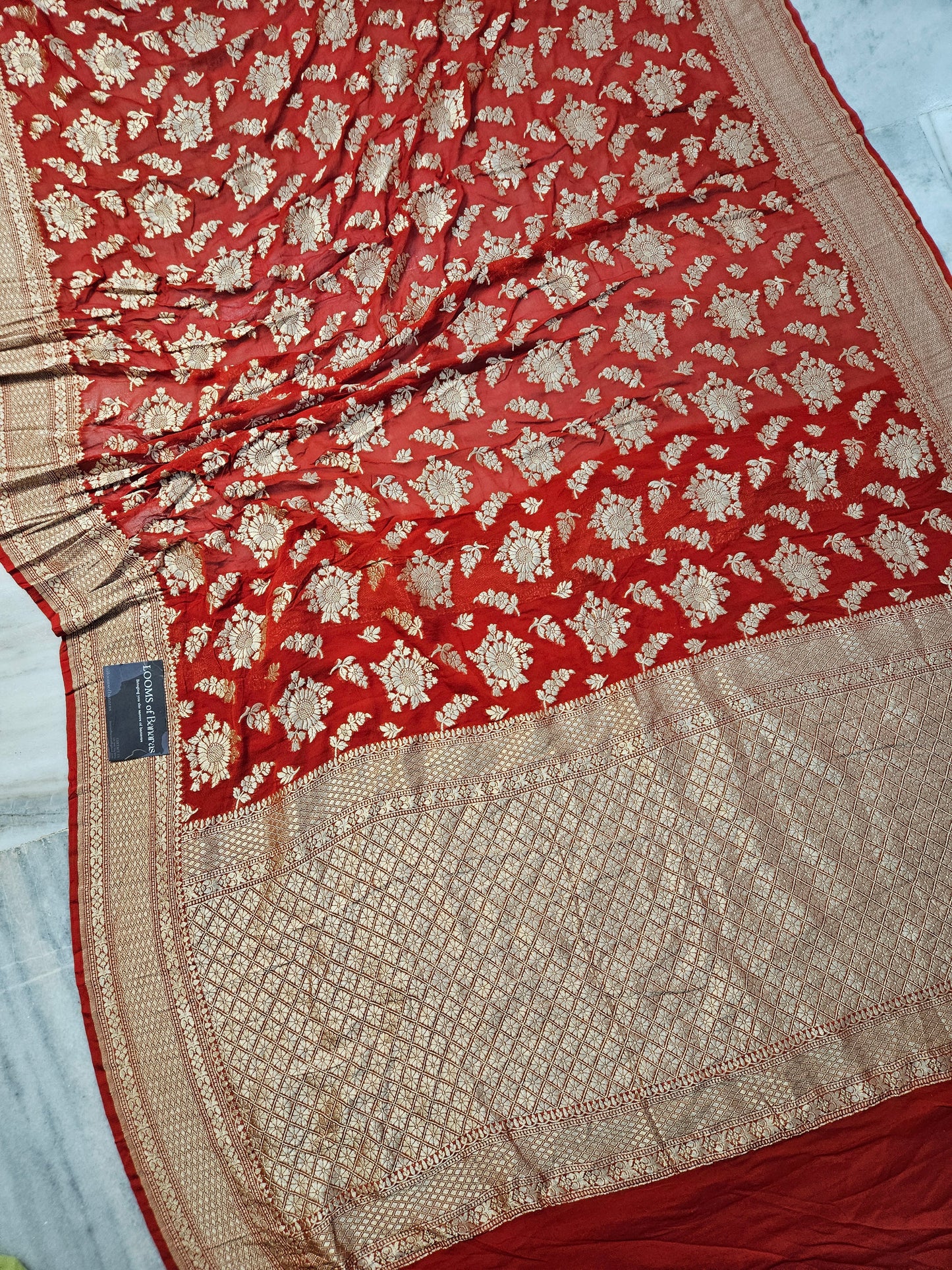 Pure Georgette Banarasi Saree weaving faux jaal nimzari in Claret Red