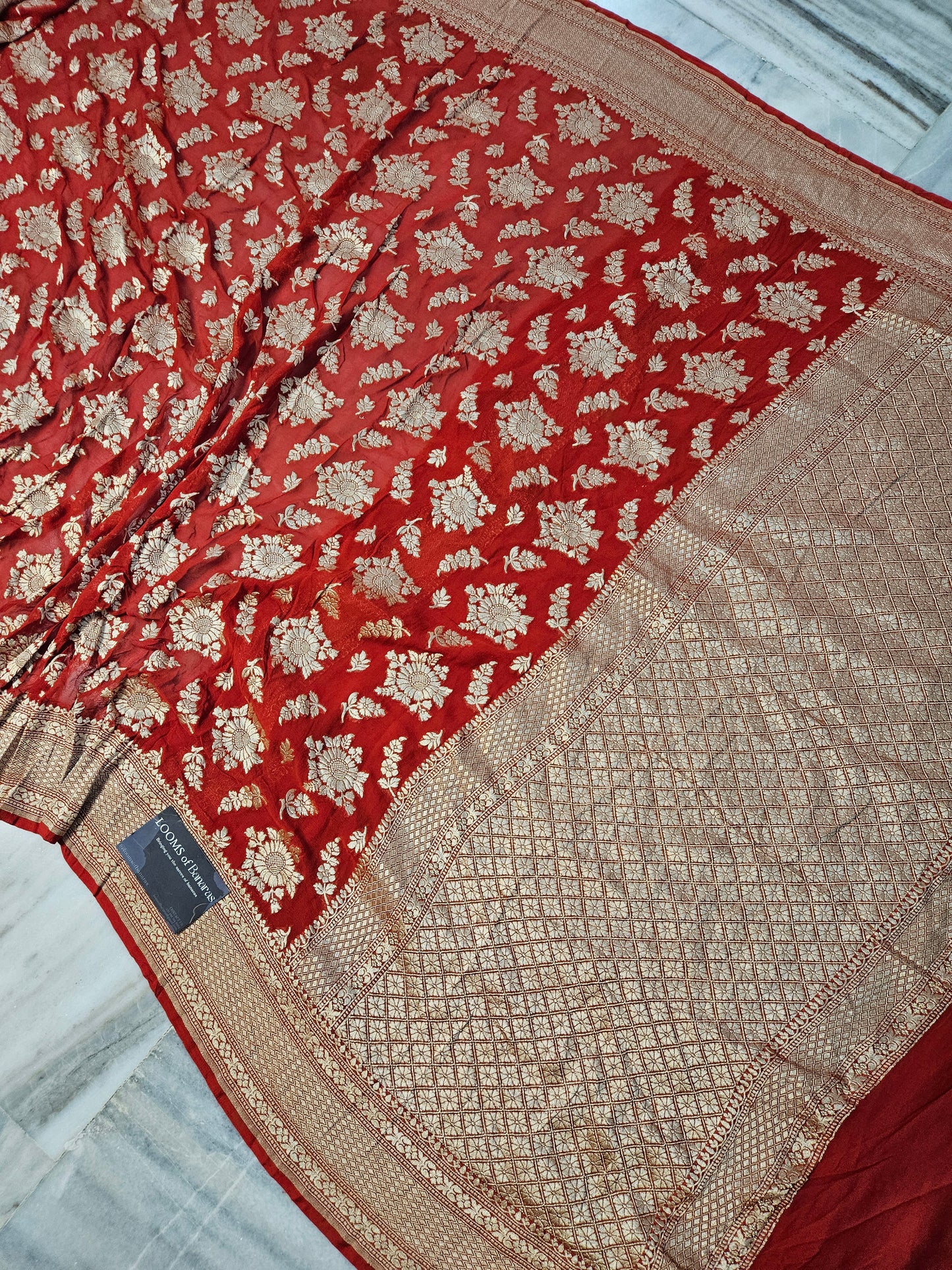 Pure Georgette Banarasi Saree weaving faux jaal nimzari in Claret Red